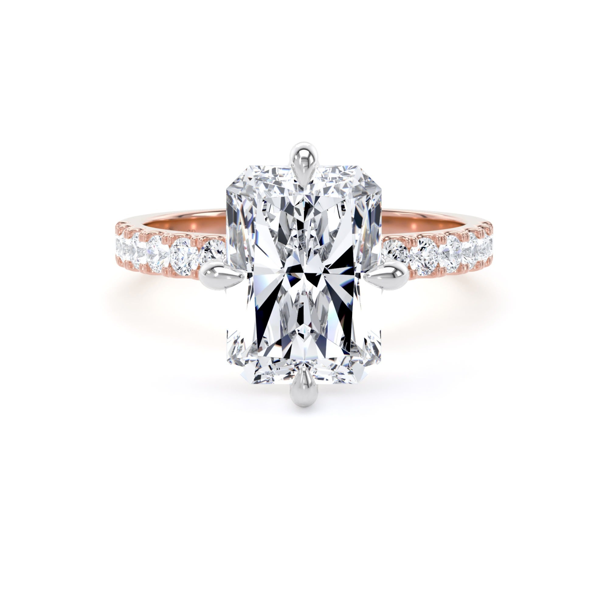18ct Rose Gold and Platinum Compass Set 4.25cttw Radiant Lab Grown Diamond Set Shoulder Solitaire Engagement Ring