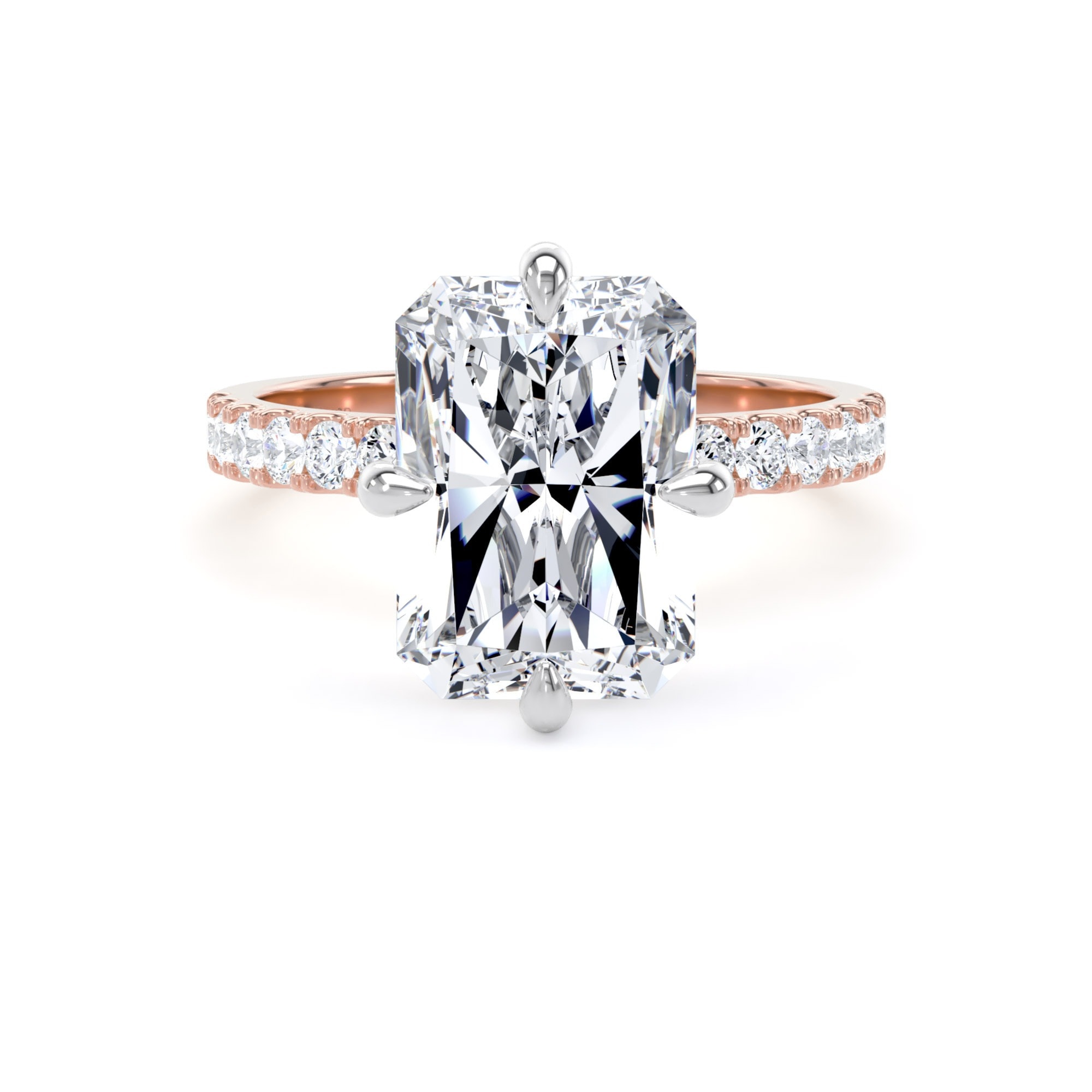 18ct Rose Gold and Platinum Compass Set 5.25cttw Radiant Lab Grown Diamond Set Shoulder Solitaire Engagement Ring