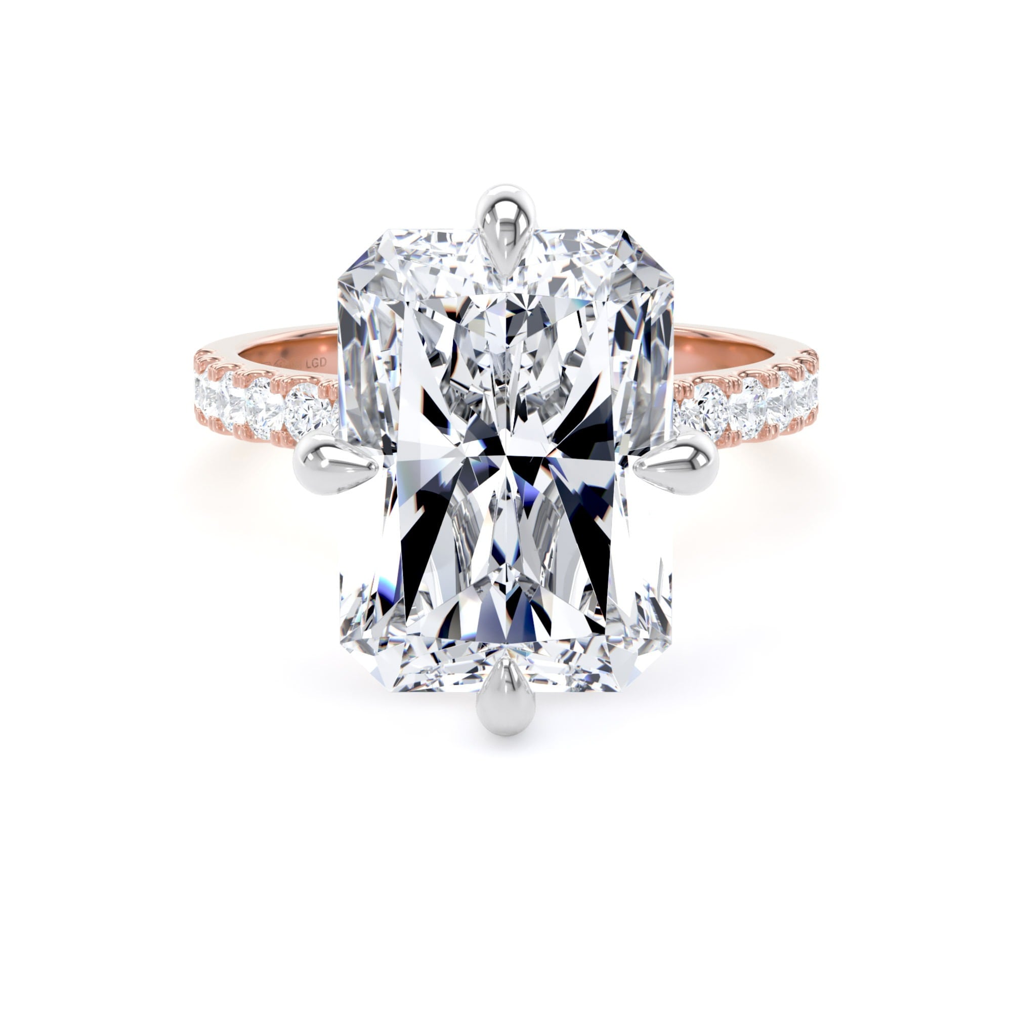 18ct Rose Gold and Platinum Compass Set 7.25cttw Radiant Lab Grown Diamond Set Shoulder Solitaire Engagement Ring