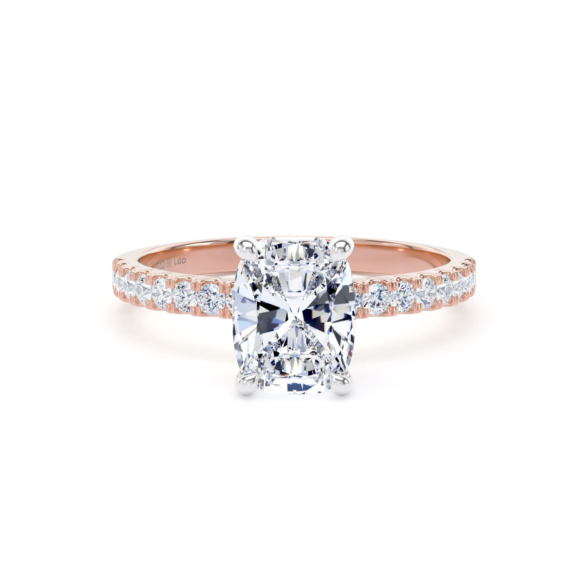 18ct Rose Gold and Platinum 1.70cttw Elongated Cushion Cut Lab Grown Diamond Set Shoulder Solitaire Engagement Ring