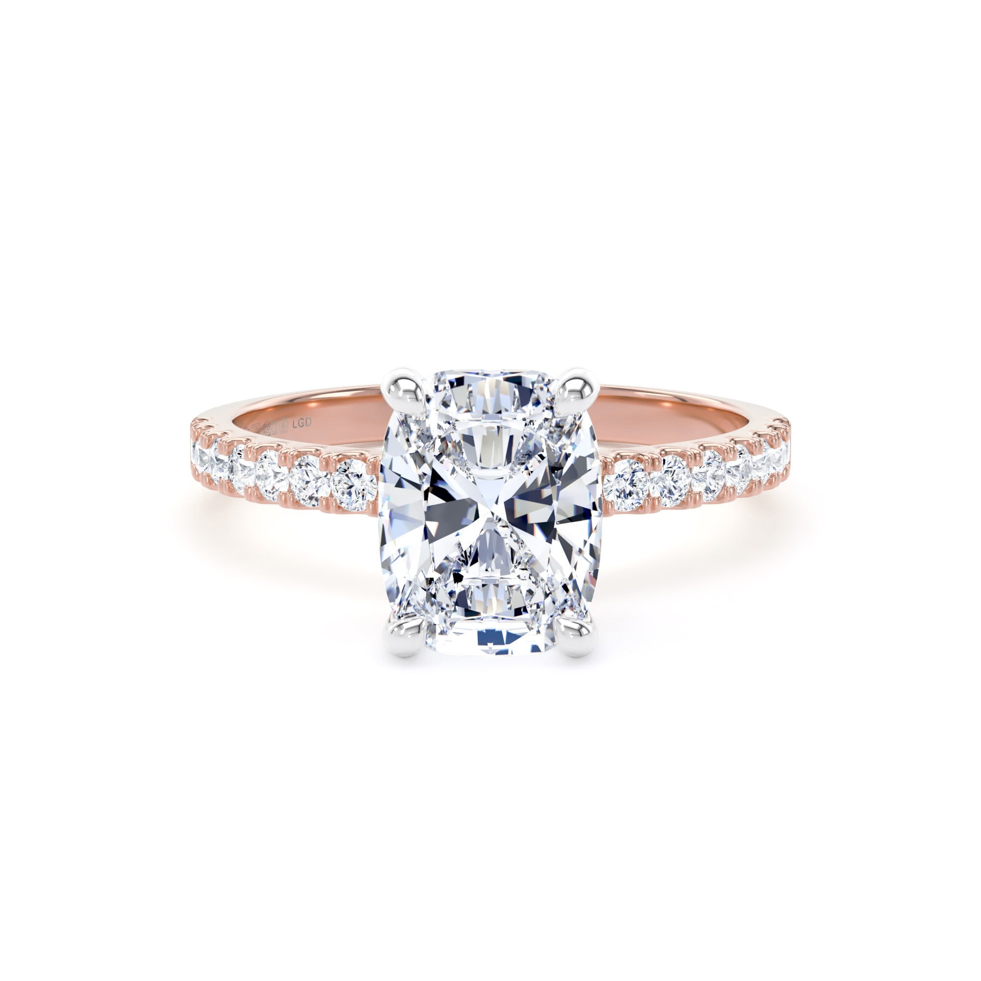 18ct Rose Gold and Platinum 2.20cttw Elongated Cushion Cut Lab Grown Diamond Set Shoulder Solitaire Engagement Ring
