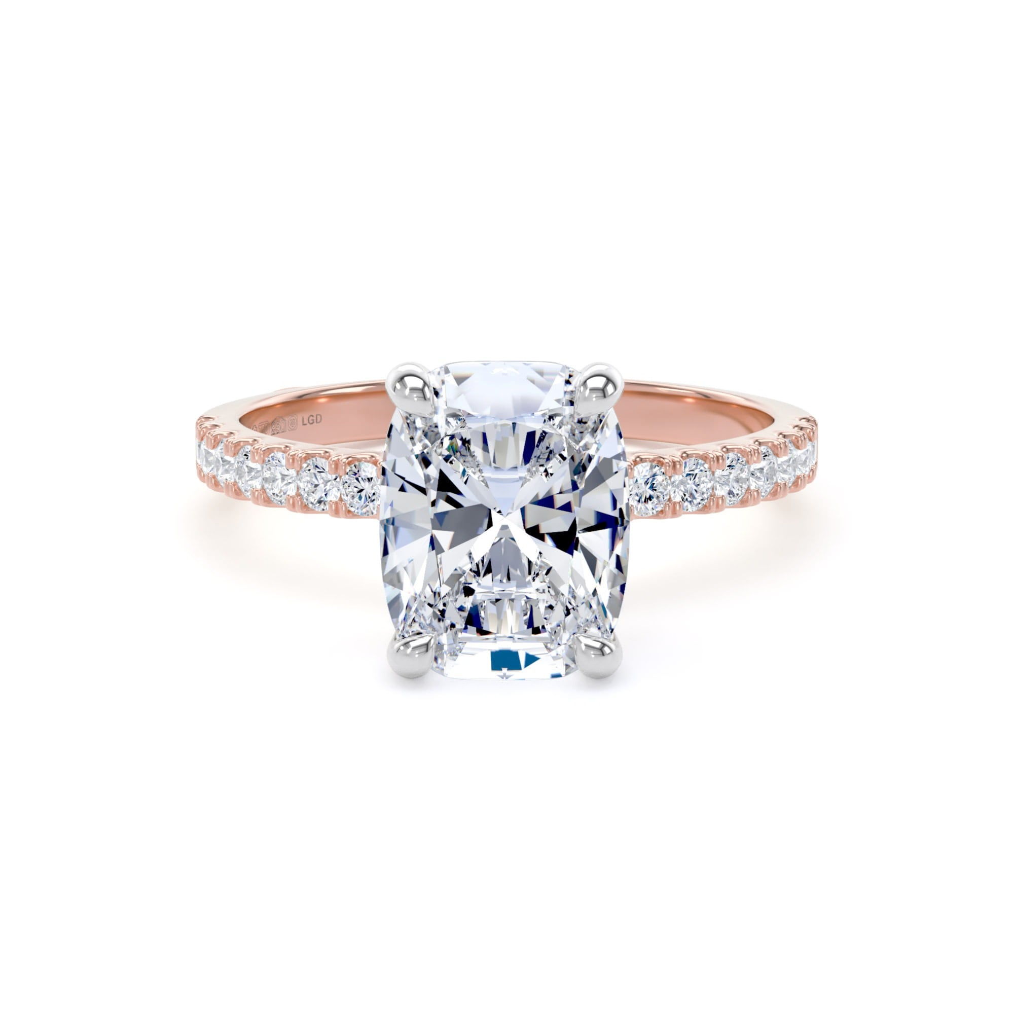 18ct Rose Gold and Platinum 2.70cttw Elongated Cushion Cut Lab Grown Diamond Set Shoulder Solitaire Engagement Ring
