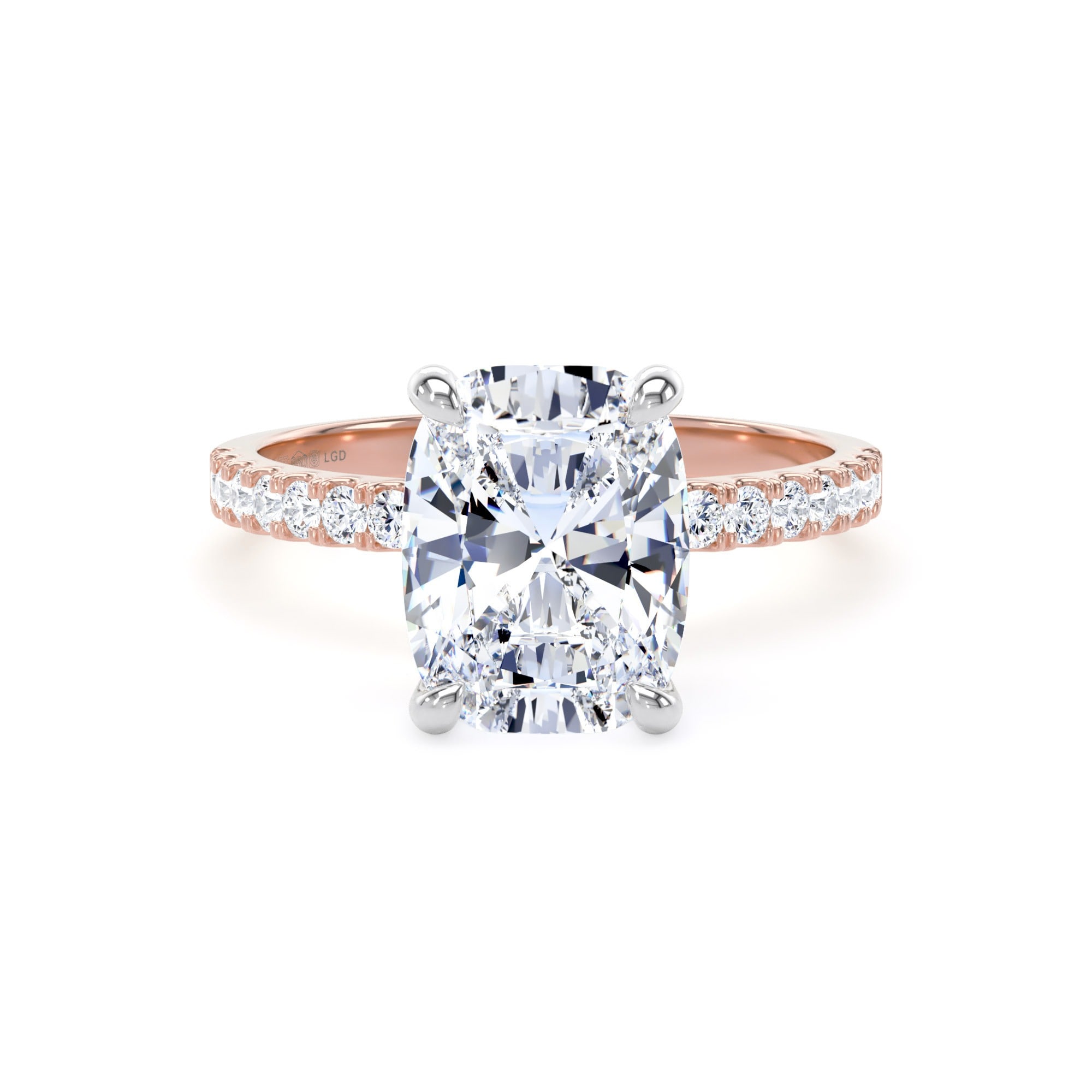18ct Rose Gold and Platinum 3.25cttw Elongated Cushion Cut Lab Grown Diamond Set Shoulder Solitaire Engagement Ring
