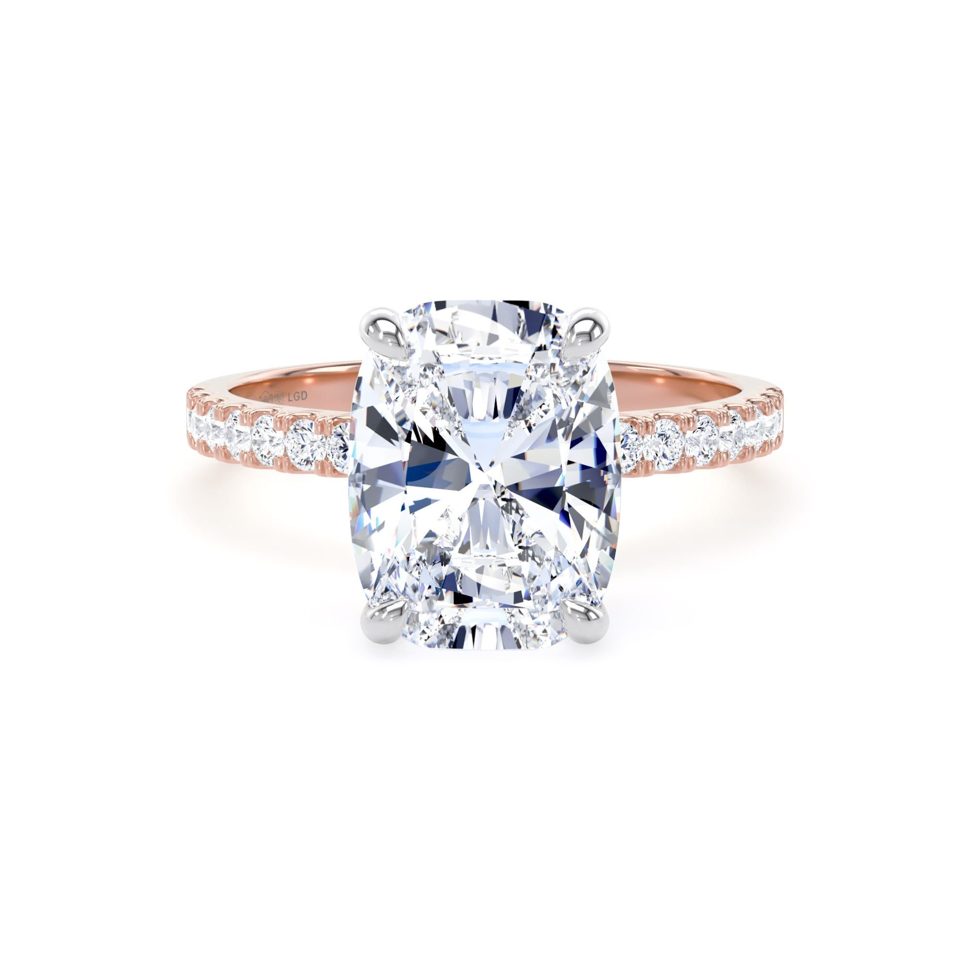 18ct Rose Gold and Platinum 4.25cttw Elongated Cushion Cut Lab Grown Diamond Set Shoulder Solitaire Engagement Ring