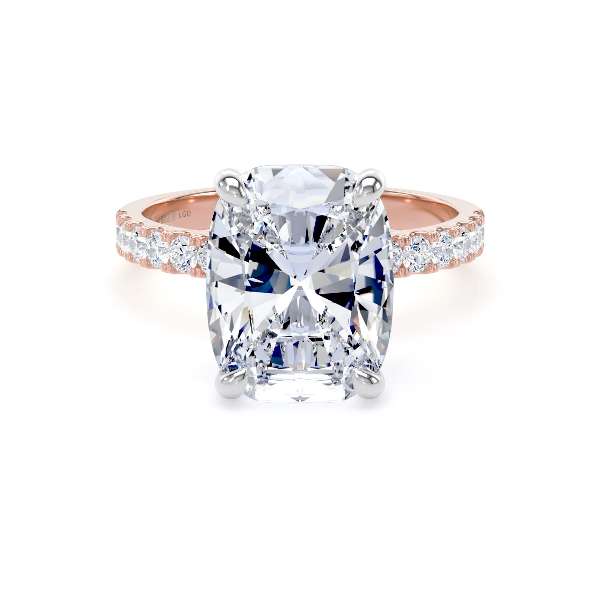 18ct Rose Gold and Platinum 5.25cttw Elongated Cushion Cut Lab Grown Diamond Set Shoulder Solitaire Engagement Ring