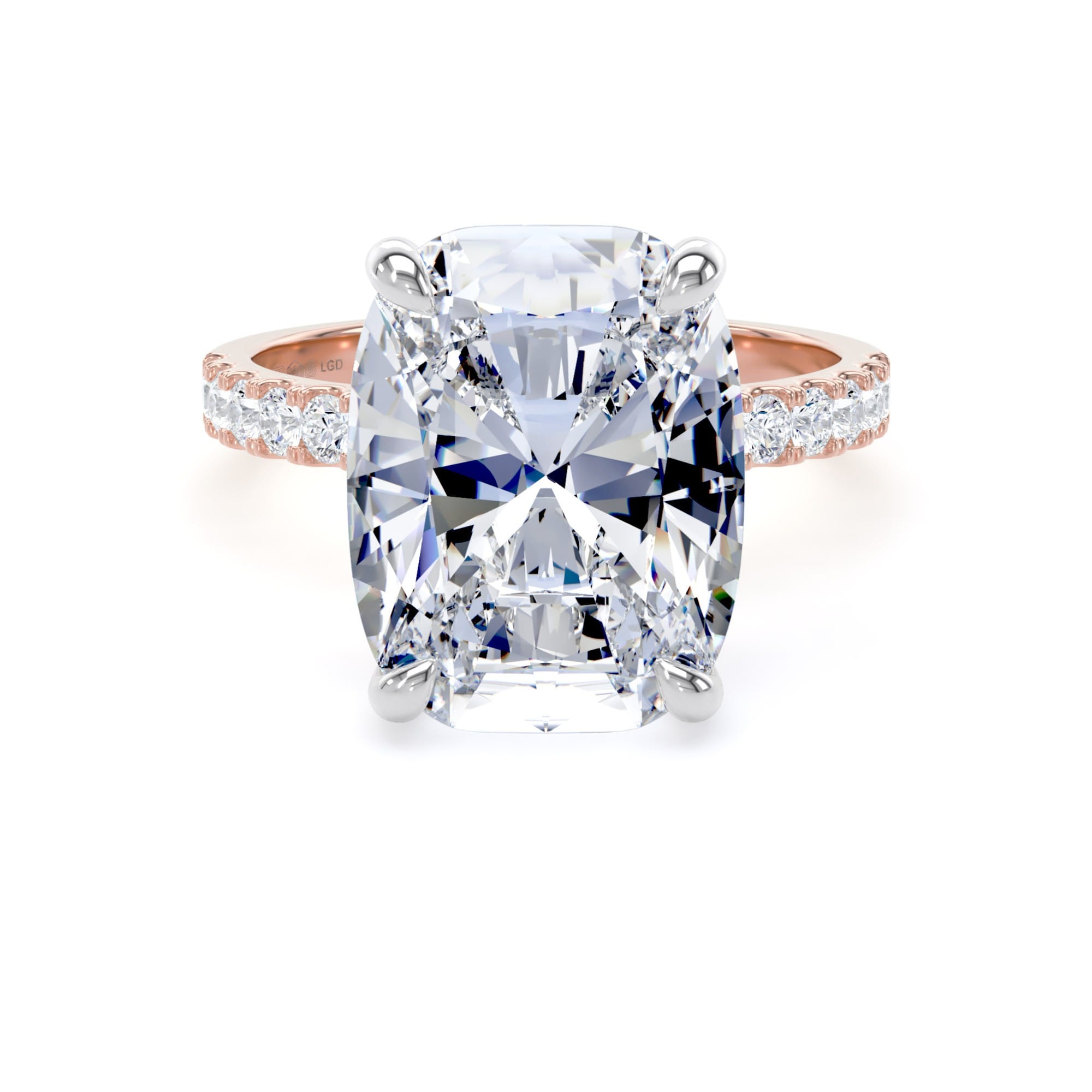 18ct Rose Gold and Platinum 7.25cttw Elongated Cushion Cut Lab Grown Diamond Set Shoulder Solitaire Engagement Ring