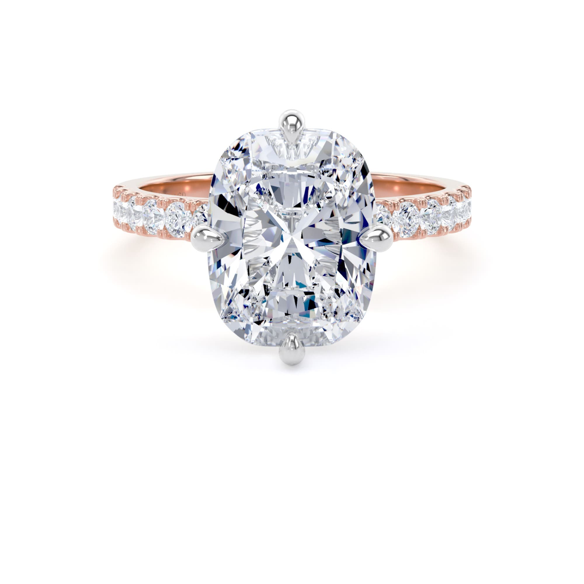 18ct Rose Gold and Platinum Compass Set 4.20cttw Cushion Lab Grown Diamond Set Shoulder Solitaire Engagement Ring