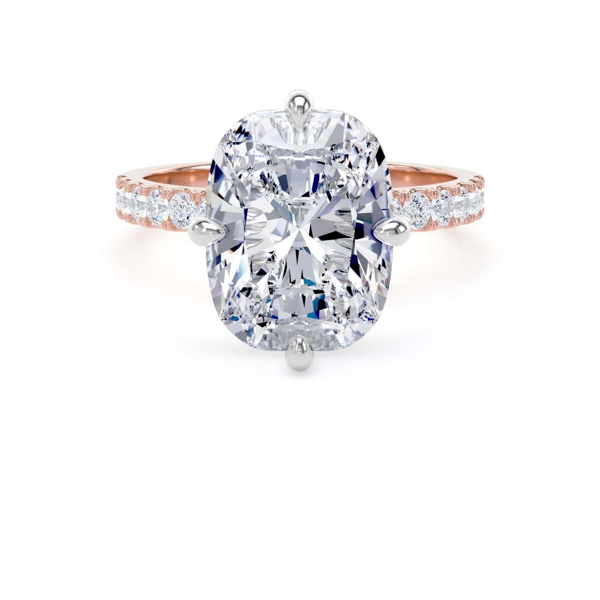 18ct Rose Gold and Platinum Compass Set 5.20cttw Cushion Lab Grown Diamond Set Shoulder Solitaire Engagement Ring