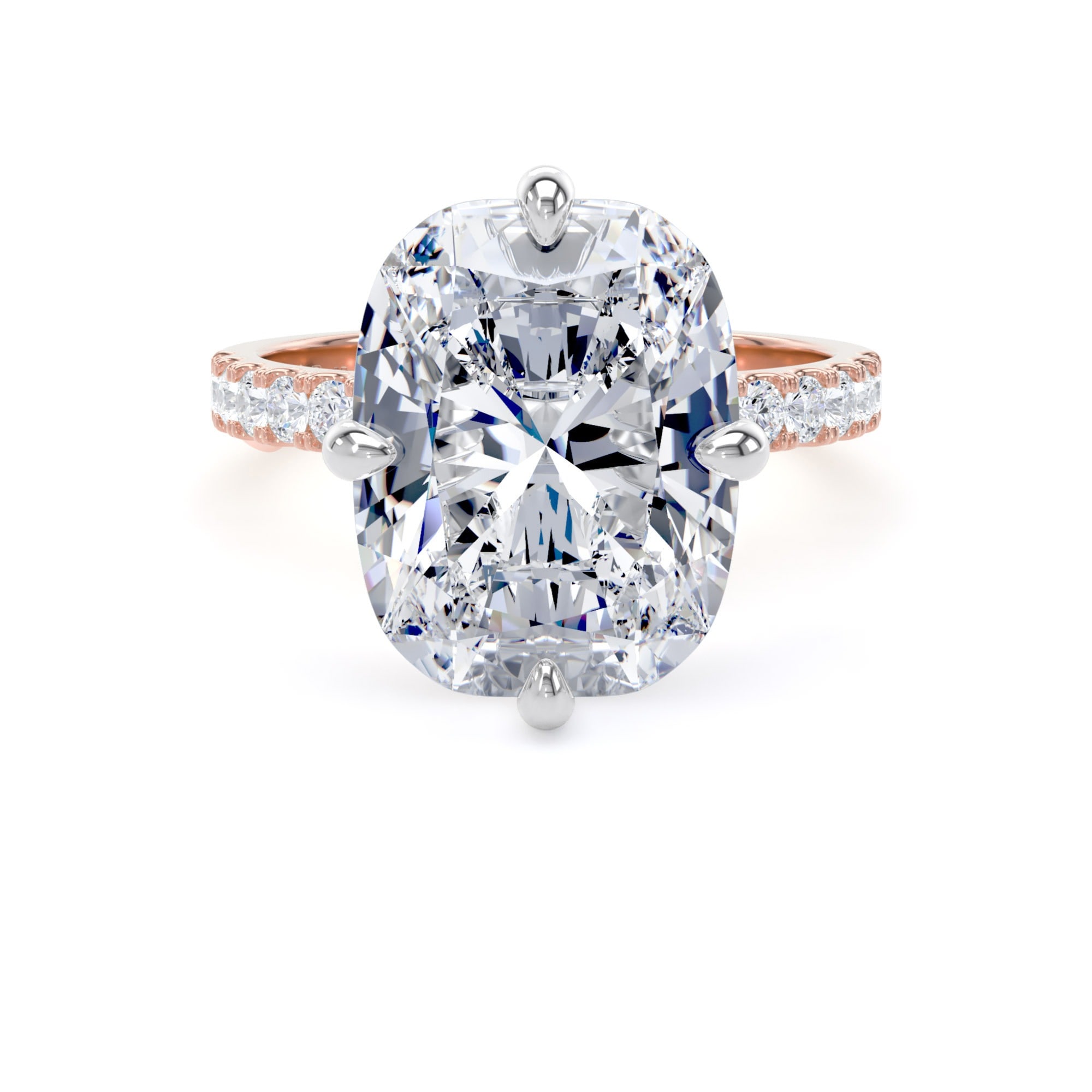 18ct Rose Gold and Platinum Compass Set 7.20cttw Cushion Lab Grown Diamond Set Shoulder Solitaire Engagement Ring