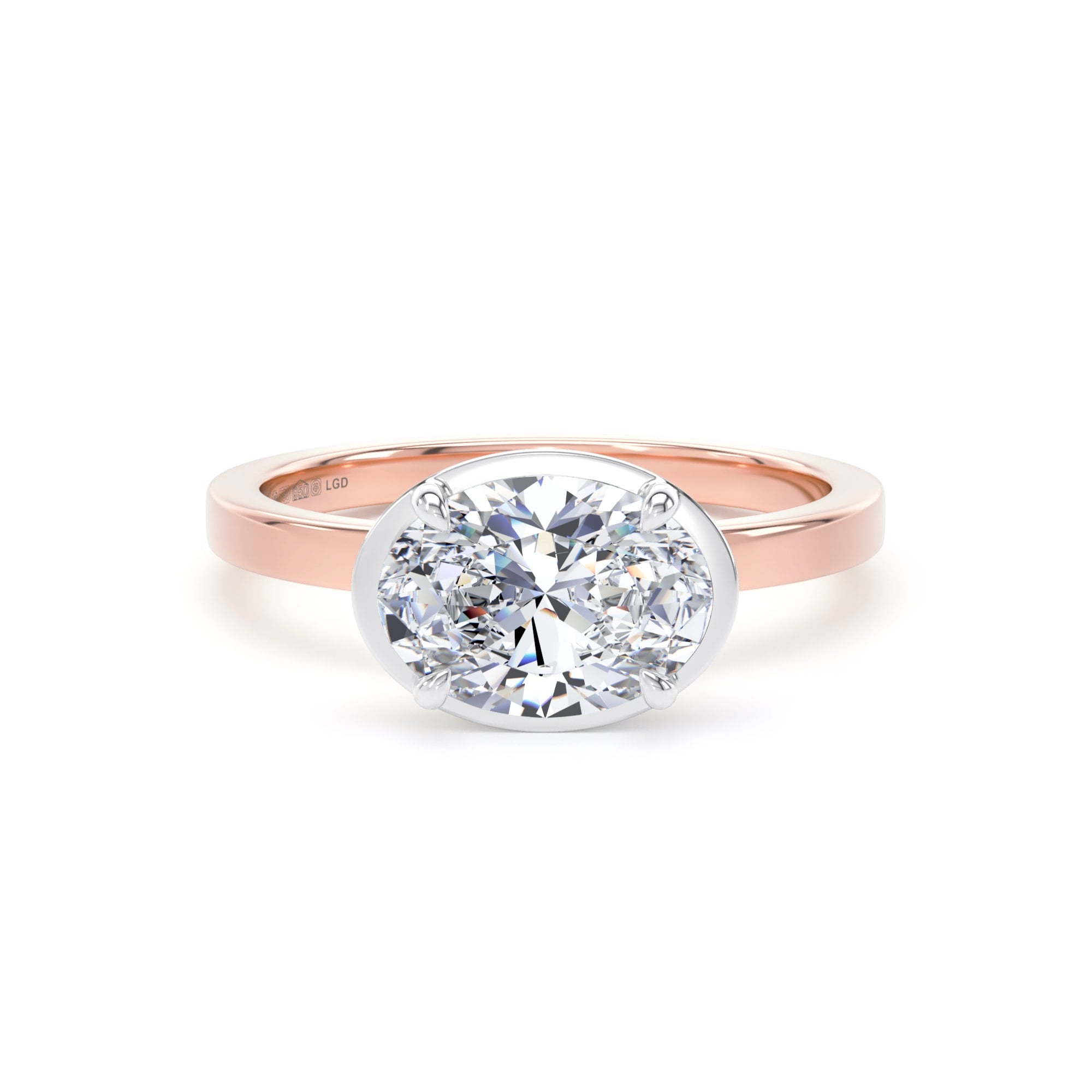 18ct Rose Gold and Platinum East-West 1.62cttw Oval Cut Lab Grown Diamond Hidden Halo Solitaire Engagement Ring