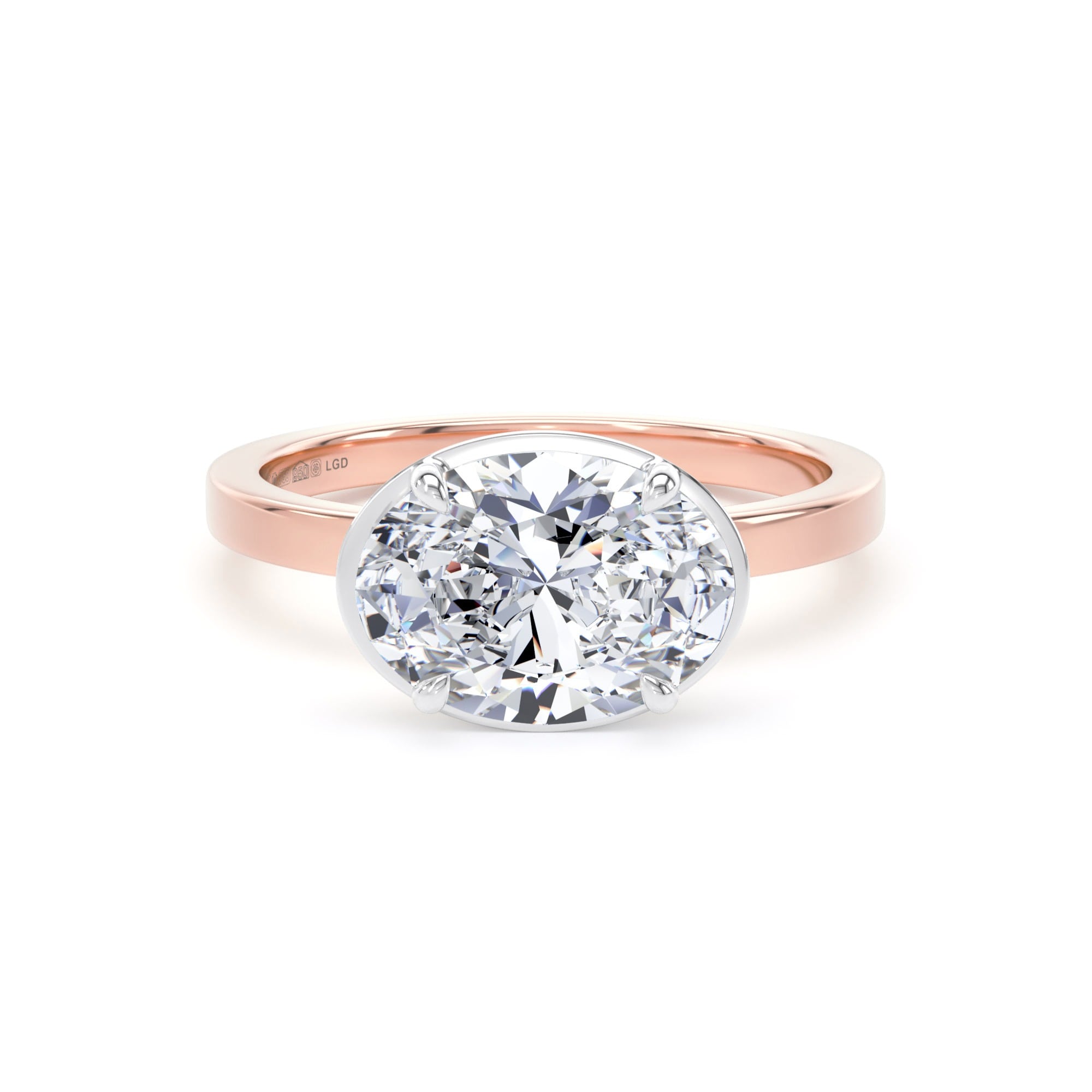 18ct Rose Gold and Platinum East-West 2.13cttw Oval Cut Lab Grown Diamond Hidden Halo Solitaire Engagement Ring