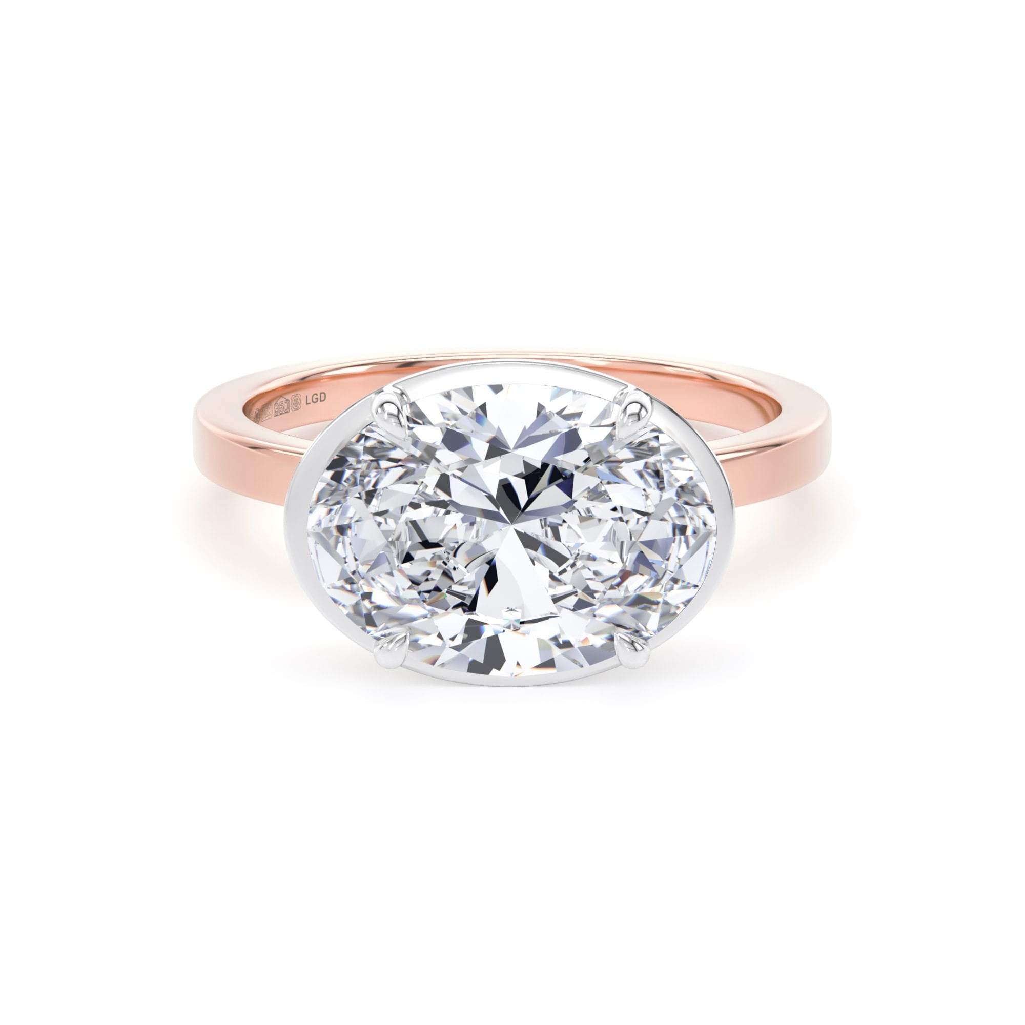 18ct Rose Gold and Platinum East-West 3.15cttw Oval Cut Lab Grown Diamond Hidden Halo Solitaire Engagement Ring