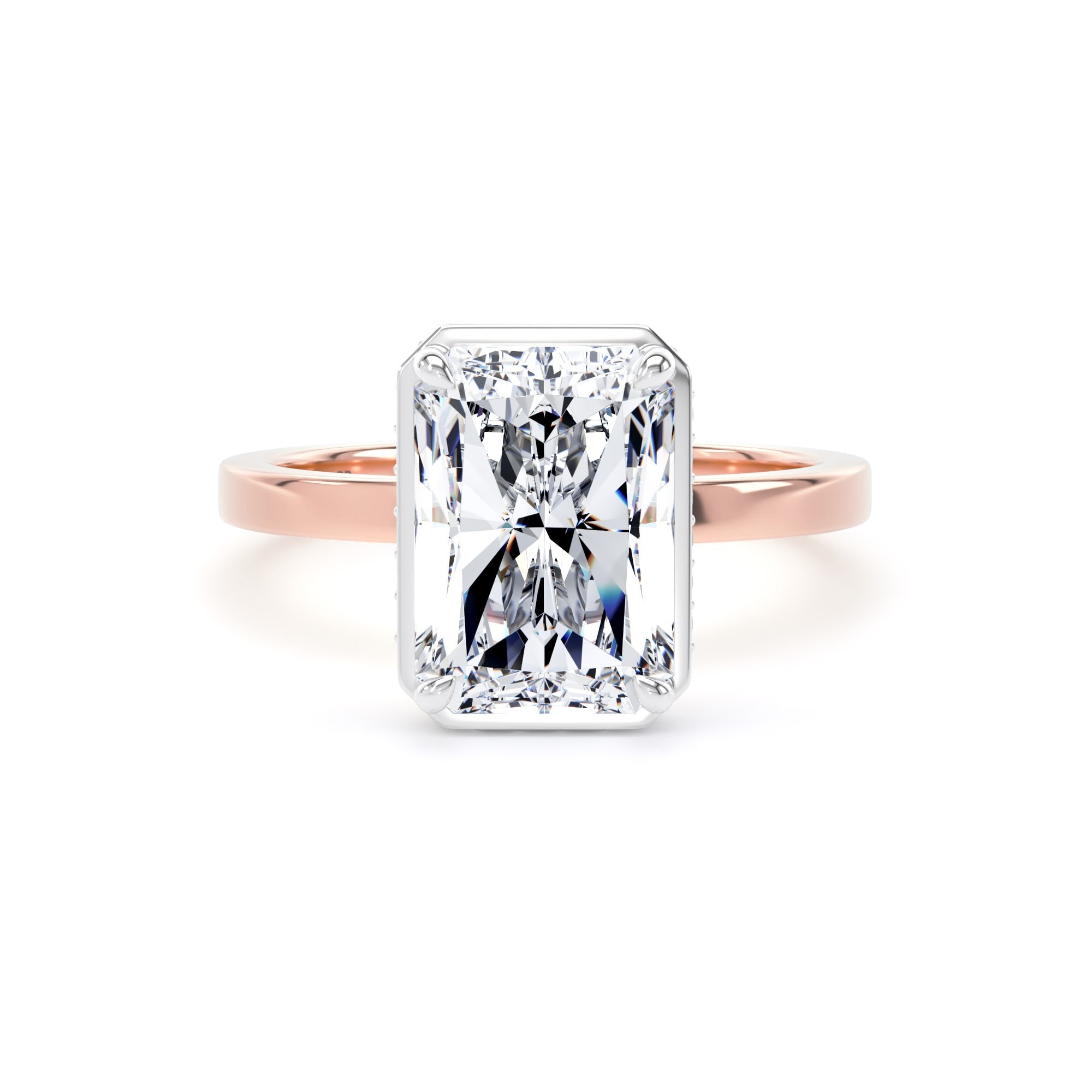 18ct Rose Gold and Platinum 4.17cttw Radiant Cut Lab Grown Diamond Hidden Halo Solitaire Engagement Ring