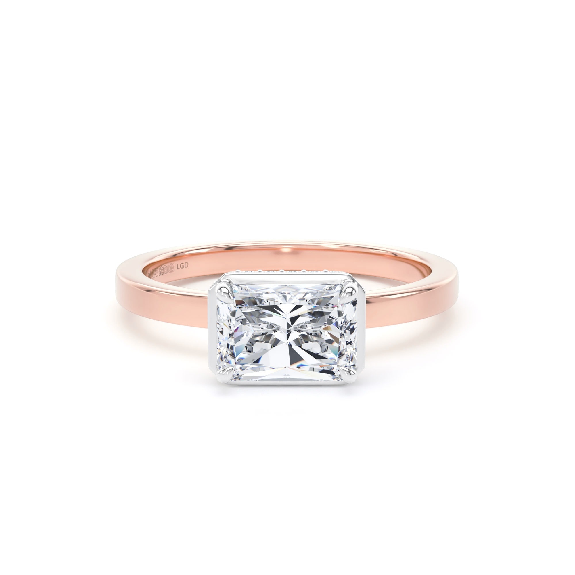 18ct Rose Gold and Platinum East-West 1.62cttw Radiant Cut Lab Grown Diamond Hidden Halo Solitaire Engagement Ring