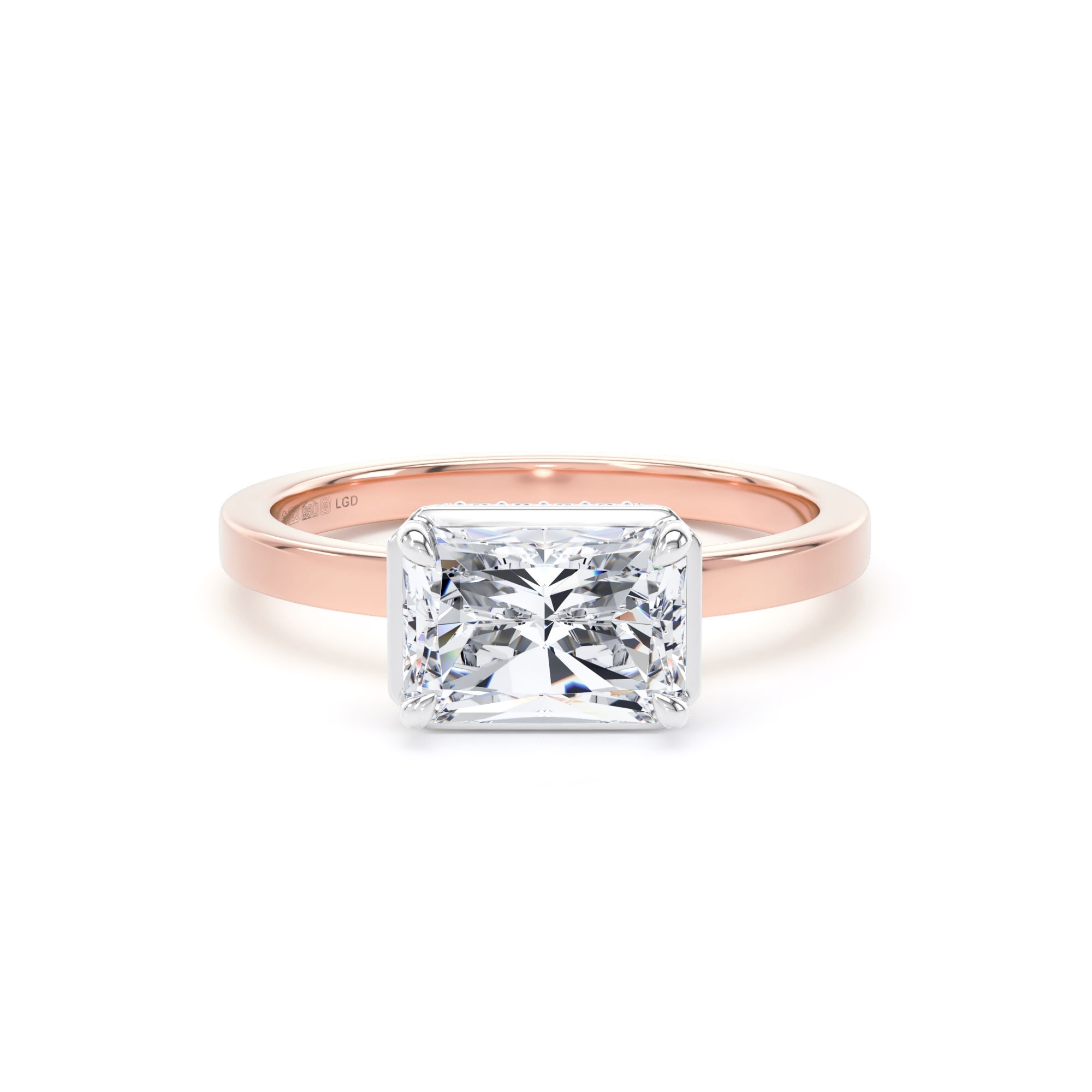 18ct Rose Gold and Platinum East-West 2.13cttw Radiant Cut Lab Grown Diamond Hidden Halo Solitaire Engagement Ring
