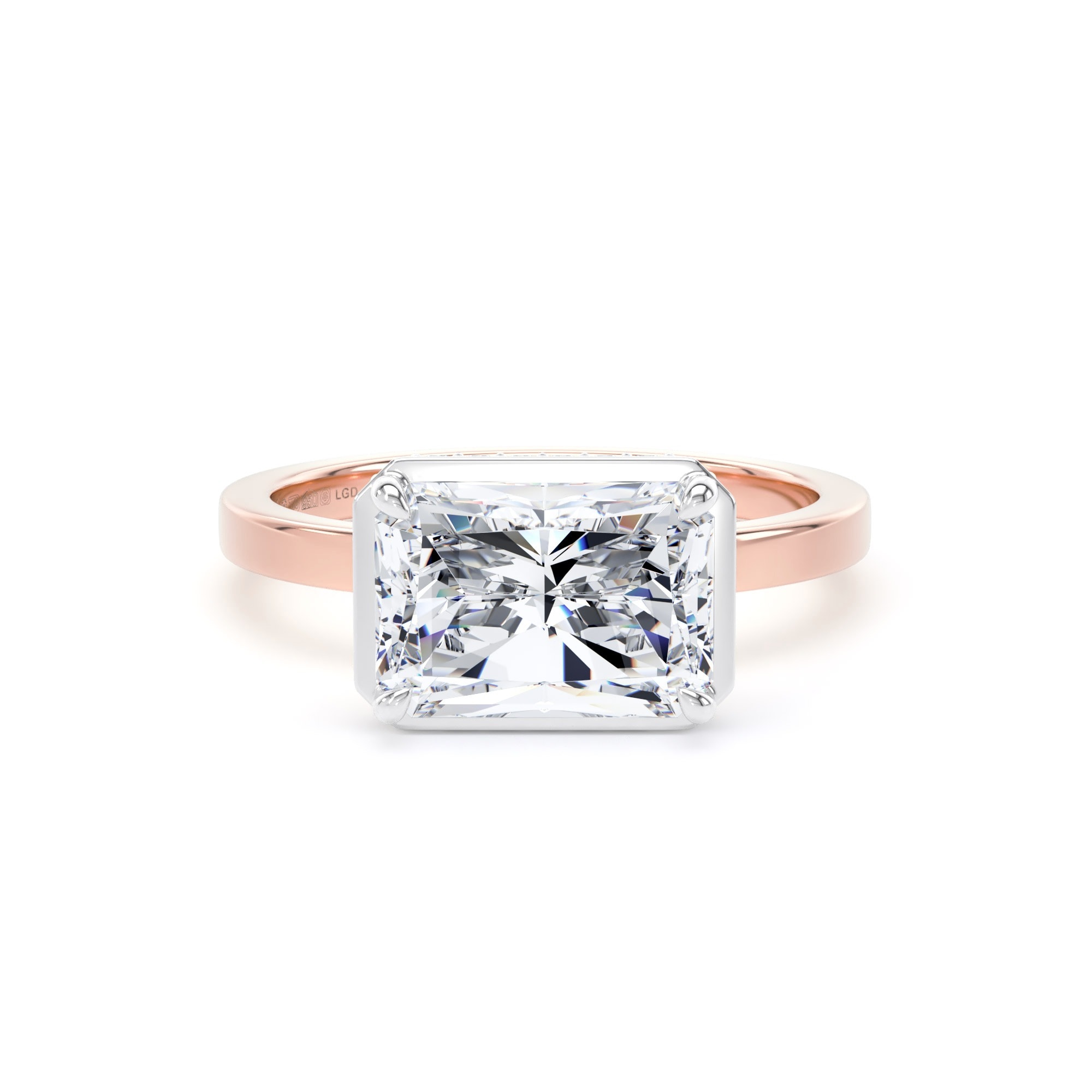 18ct Rose Gold and Platinum East-West 3.15cttw Radiant Cut Lab Grown Diamond Hidden Halo Solitaire Engagement Ring