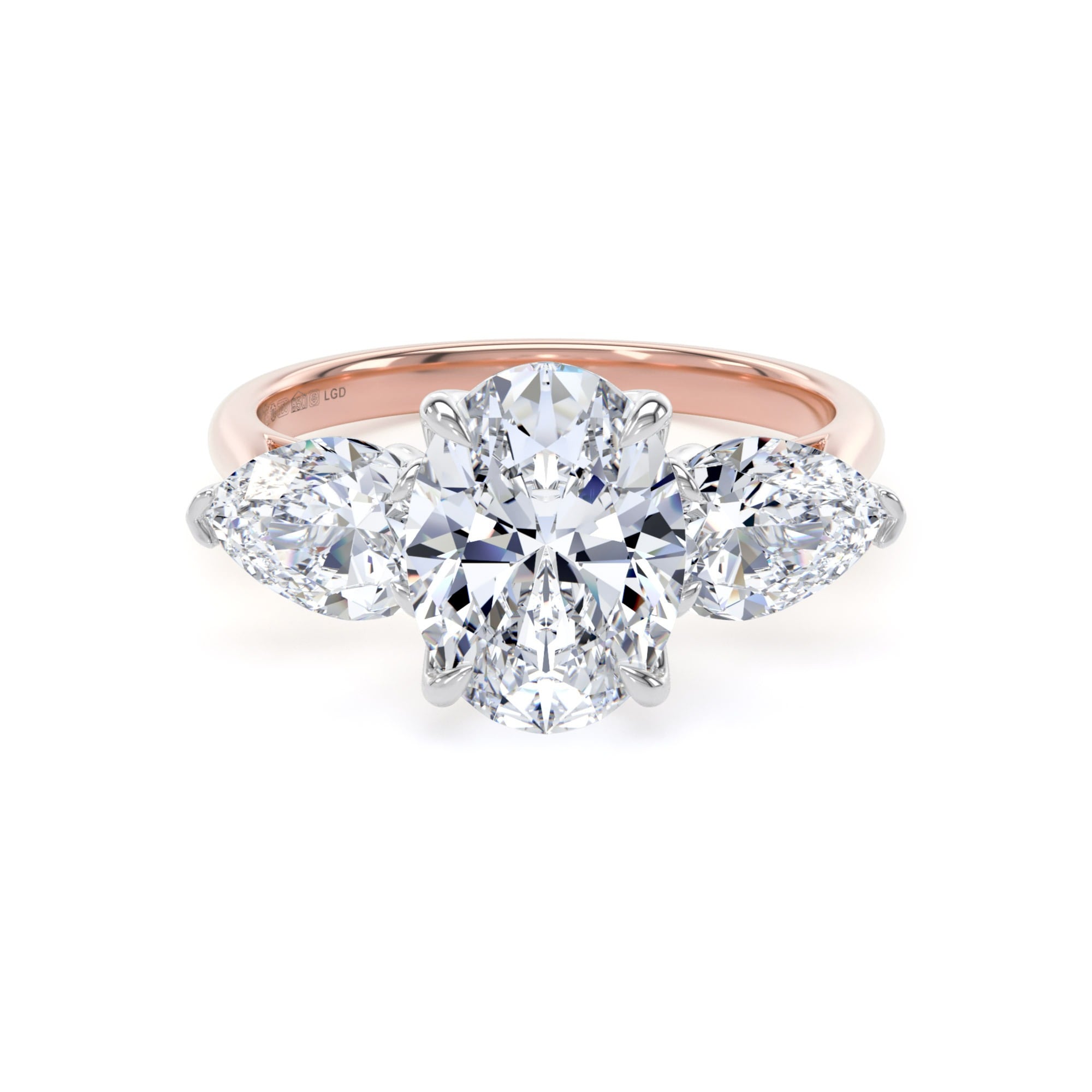 18ct Rose Gold and Platinum 2.66cttw Oval and Pear Cut Lab Grown Diamond 3 Stone Engagement Ring