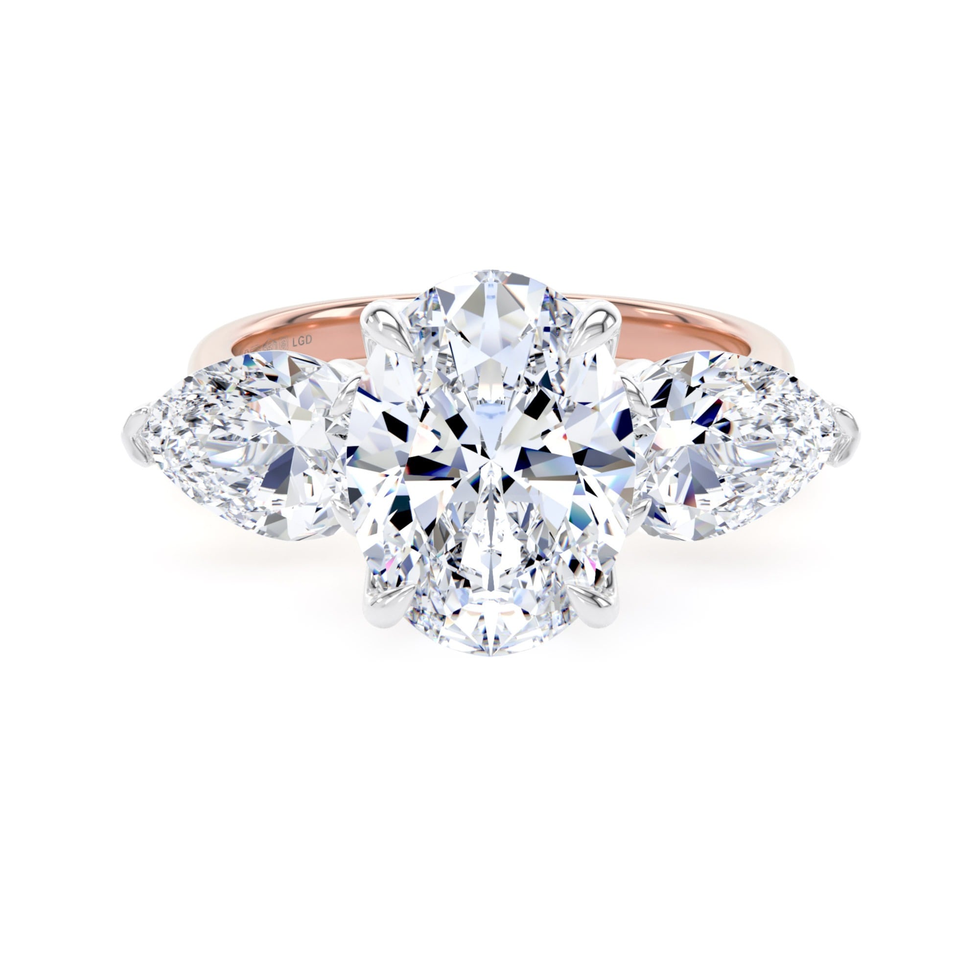18ct Rose Gold and Platinum 4.00cttw Oval and Pear Cut Lab Grown Diamond 3 Stone Engagement Ring