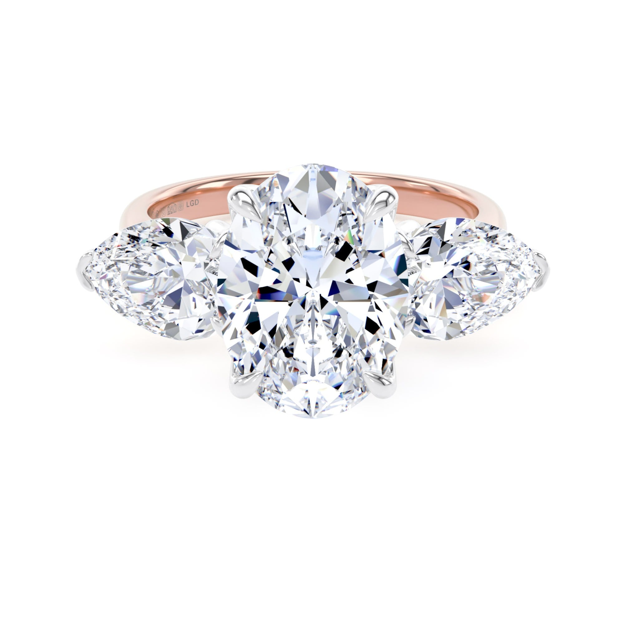 18ct Rose Gold and Platinum 5.20cttw Oval and Pear Cut Lab Grown Diamond 3 Stone Engagement Ring