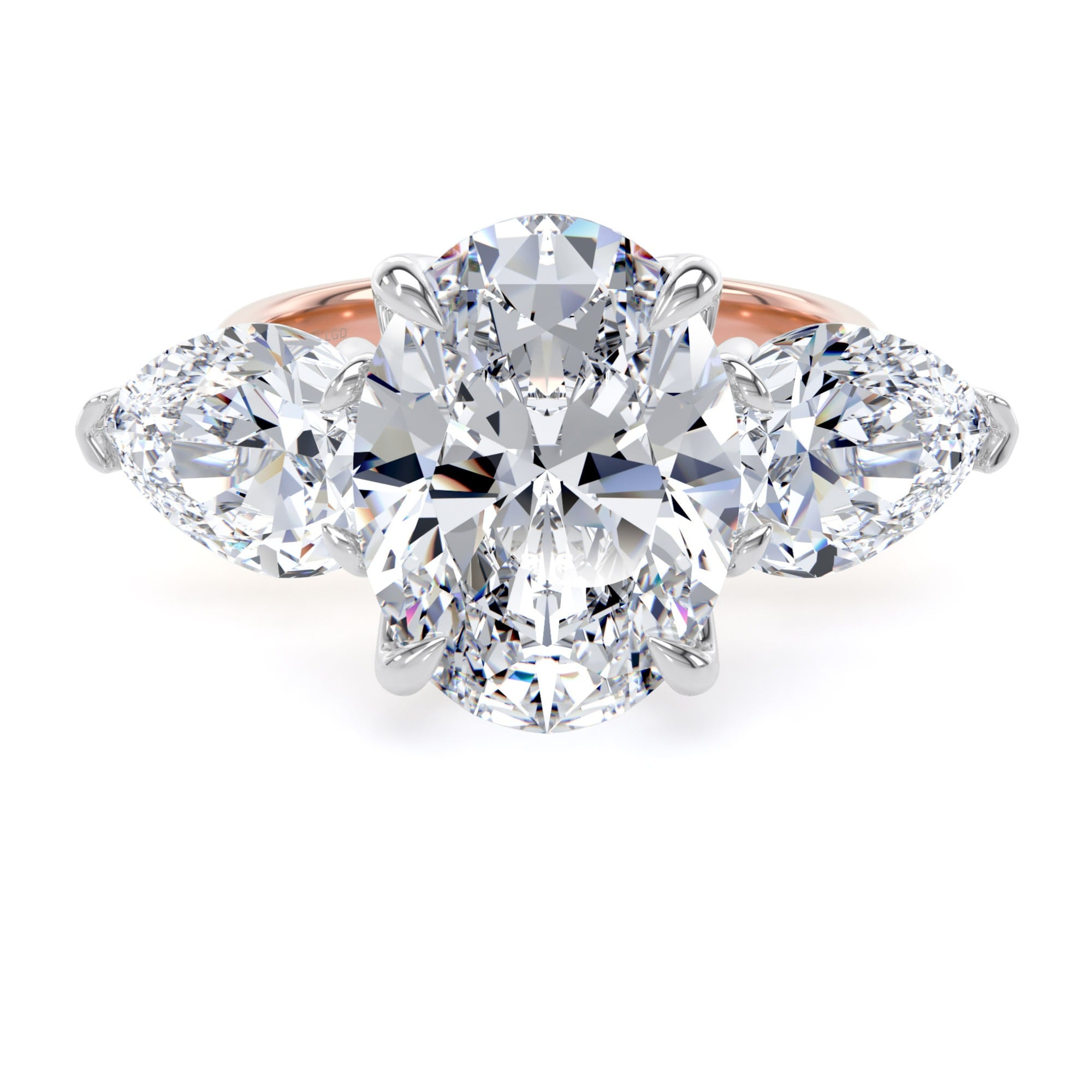 18ct Rose Gold and Platinum 6.40cttw Oval and Pear Cut Lab Grown Diamond 3 Stone Engagement Ring