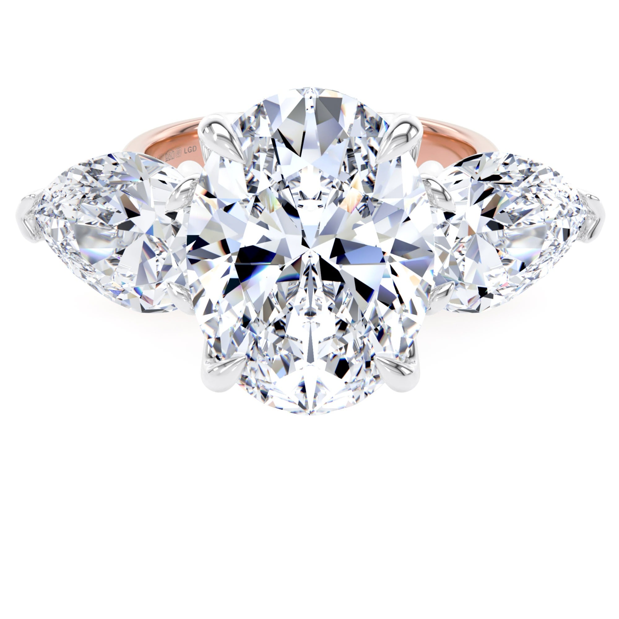 18ct Rose Gold and Platinum 9.00cttw Oval and Pear Cut Lab Grown Diamond 3 Stone Engagement Ring