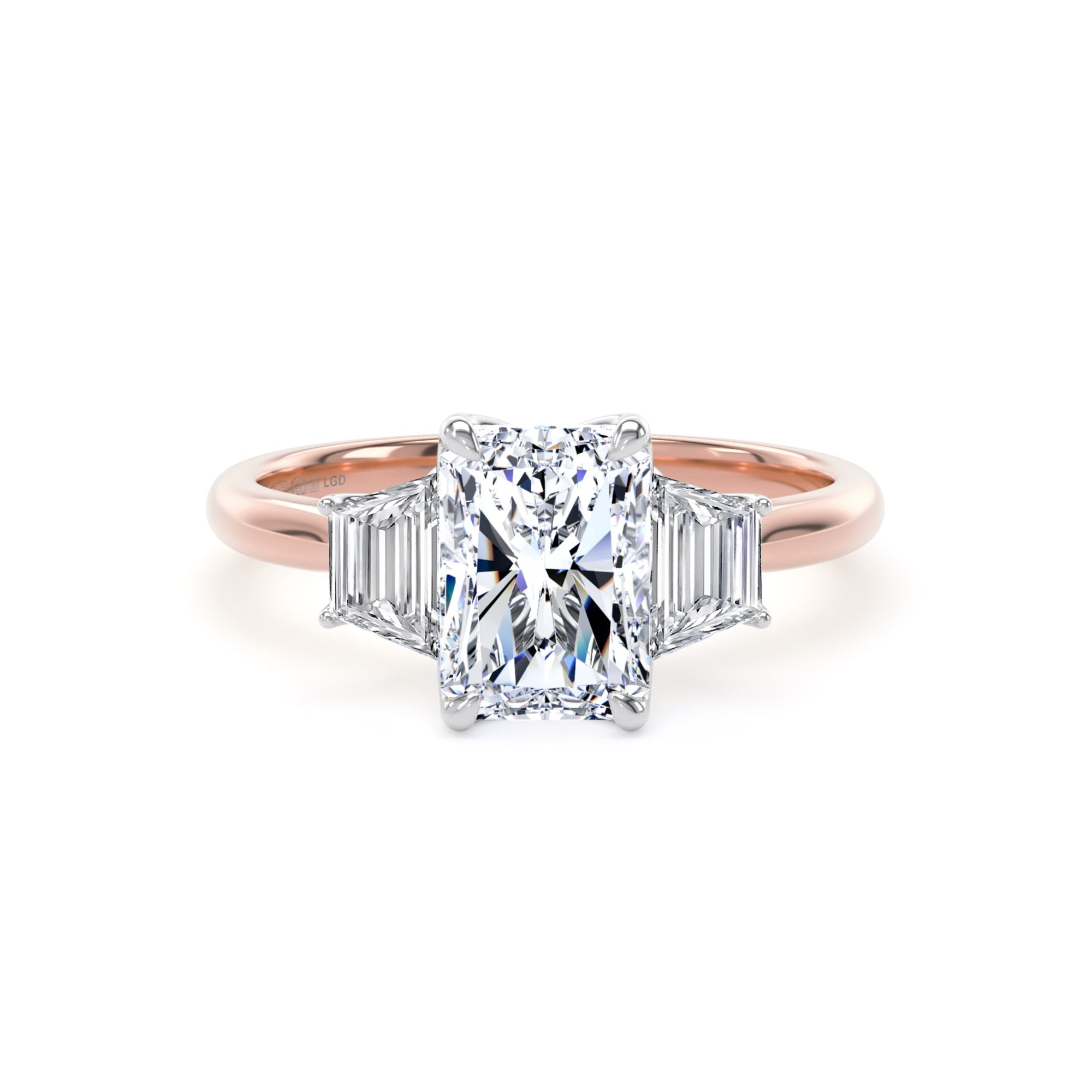 18ct Rose Gold and Platinum 2.20cttw Radiant and Trapezoid Cut Lab Grown Diamond 3 Stone Engagement Ring