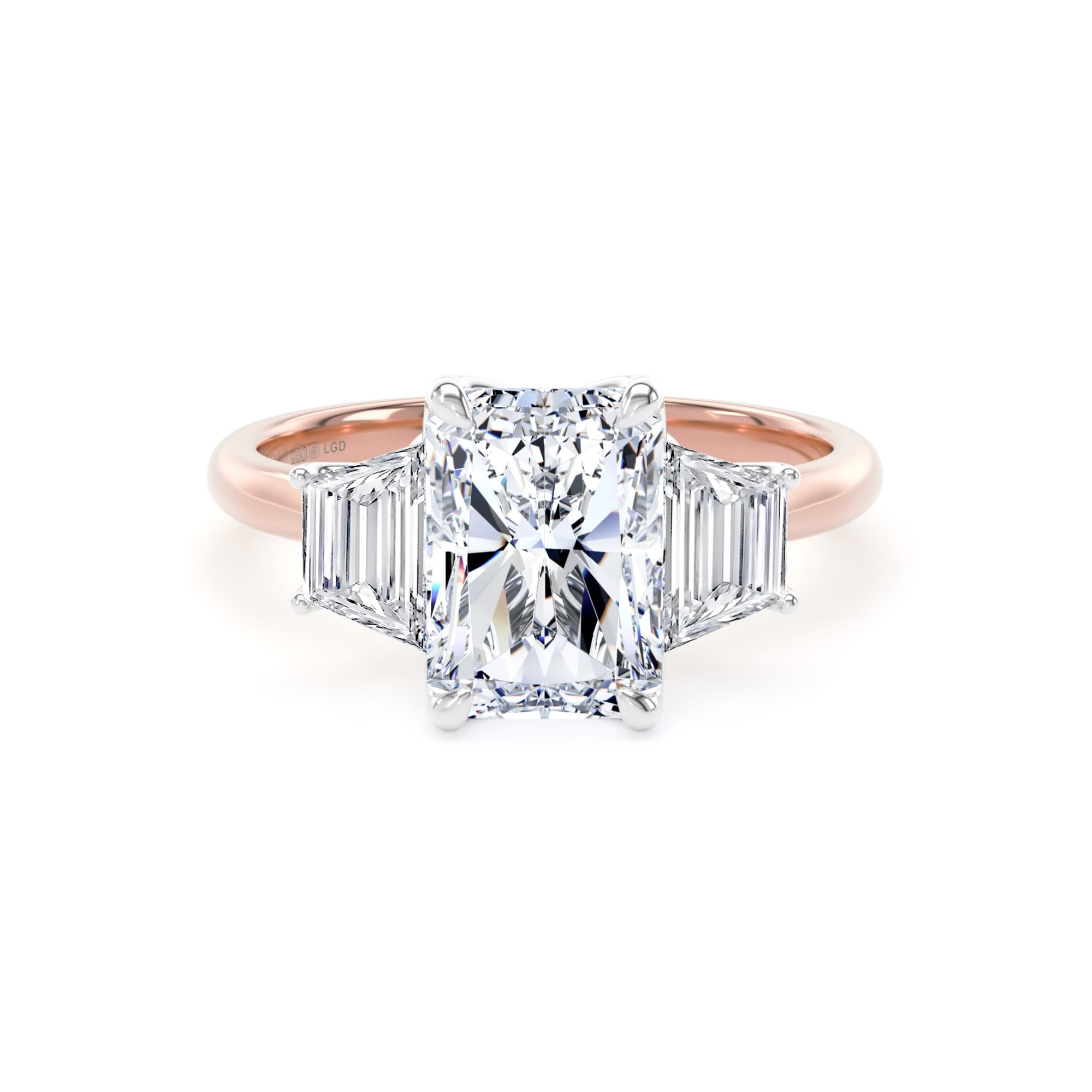 18ct Rose Gold and Platinum 3.00cttw Radiant and Trapezoid Cut Lab Grown Diamond 3 Stone Engagement Ring
