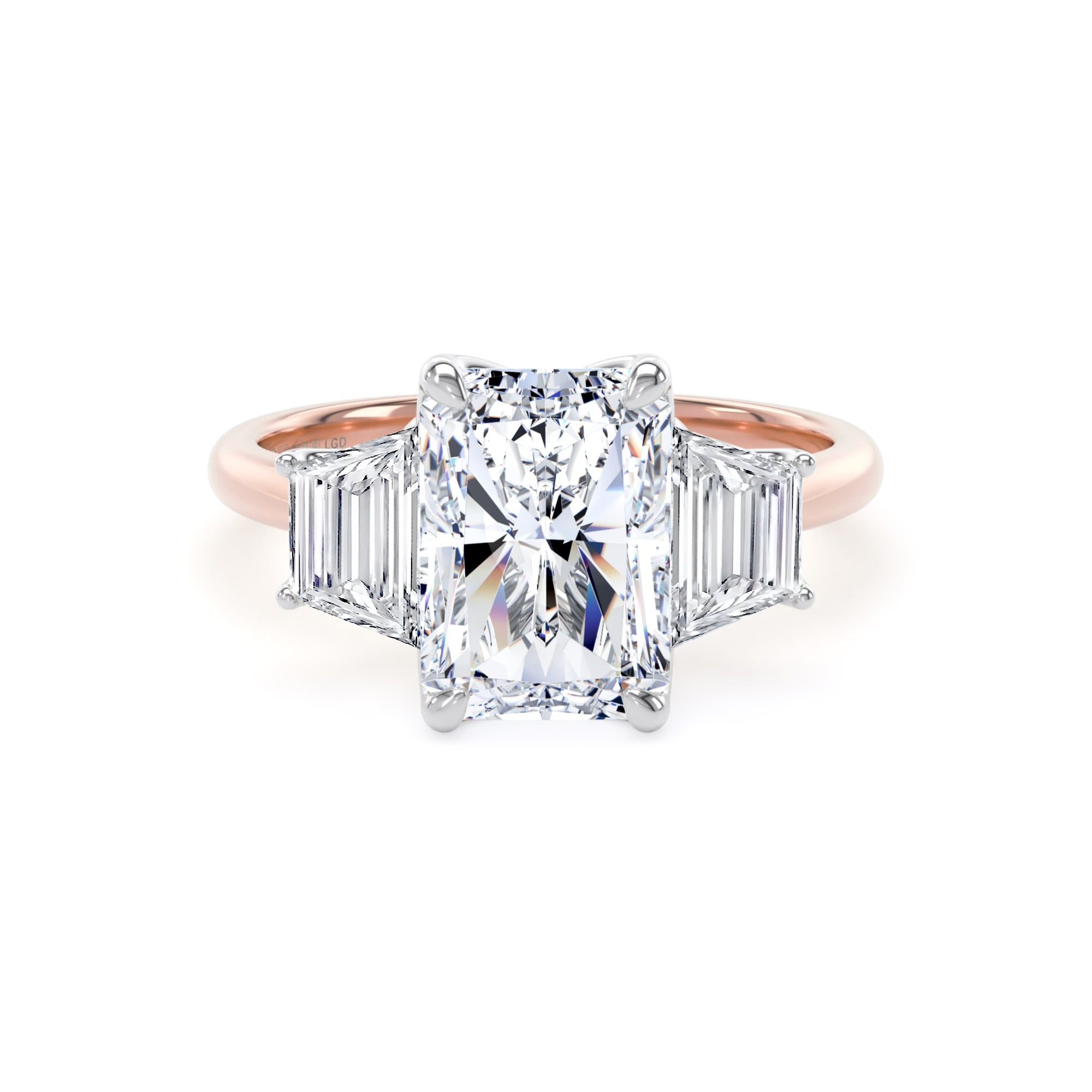18ct Rose Gold and Platinum 4.20cttw Radiant and Trapezoid Cut Lab Grown Diamond 3 Stone Engagement Ring
