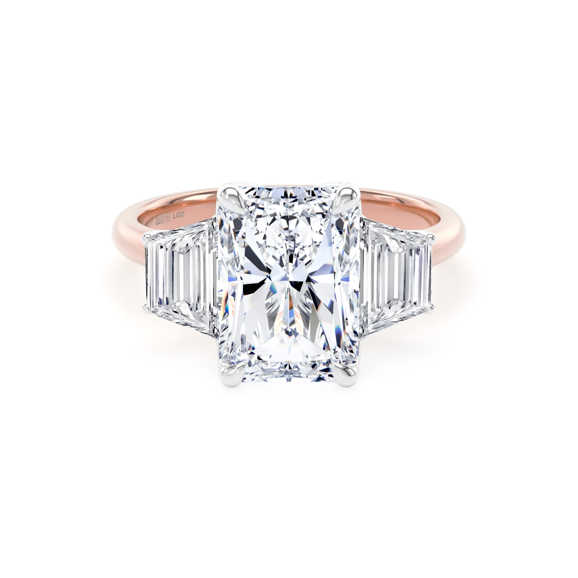 18ct Rose Gold and Platinum 5.80cttw Radiant and Trapezoid Cut Lab Grown Diamond 3 Stone Engagement Ring