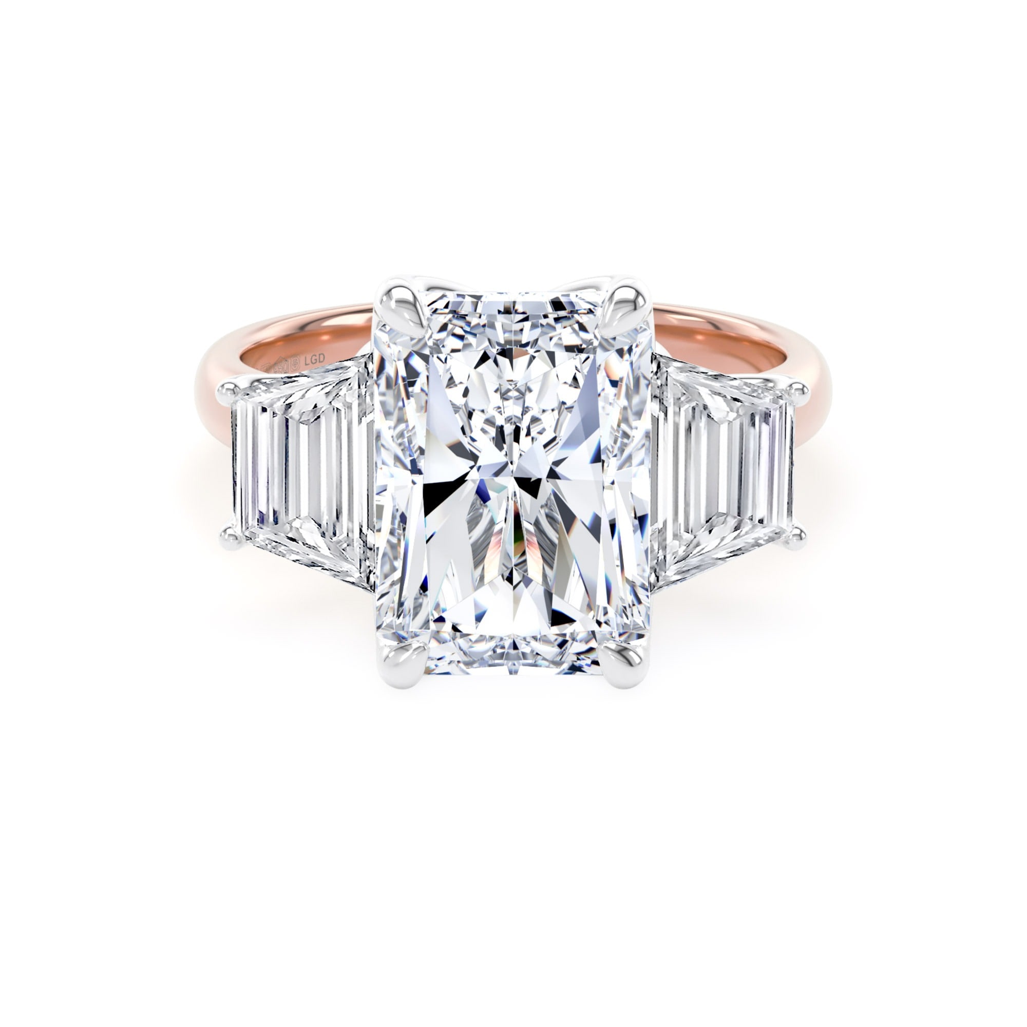 18ct Rose Gold and Platinum 7.00cttw Radiant and Trapezoid Cut Lab Grown Diamond 3 Stone Engagement Ring