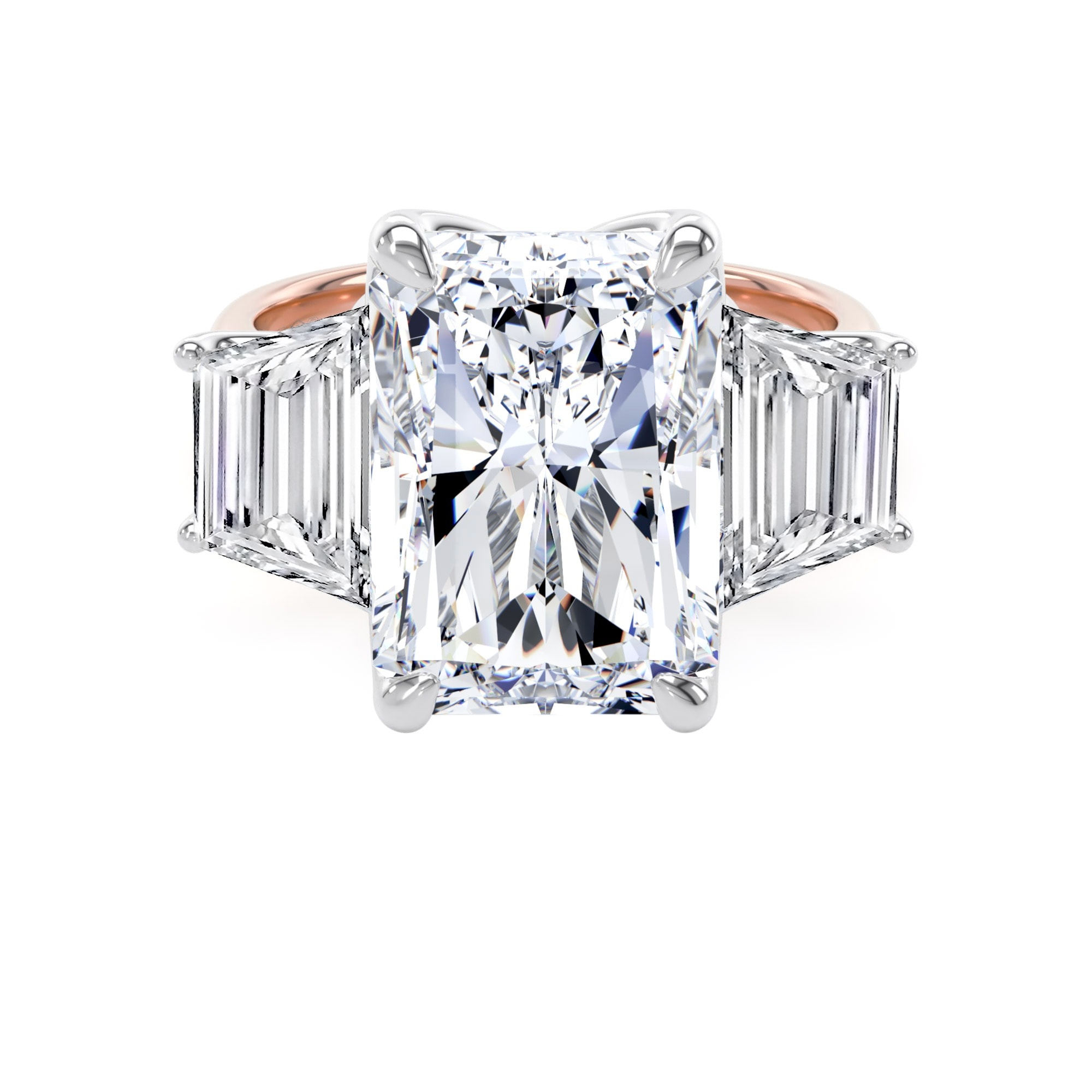 18ct Rose Gold and Platinum 9.40cttw Radiant and Trapezoid Cut Lab Grown Diamond 3 Stone Engagement Ring
