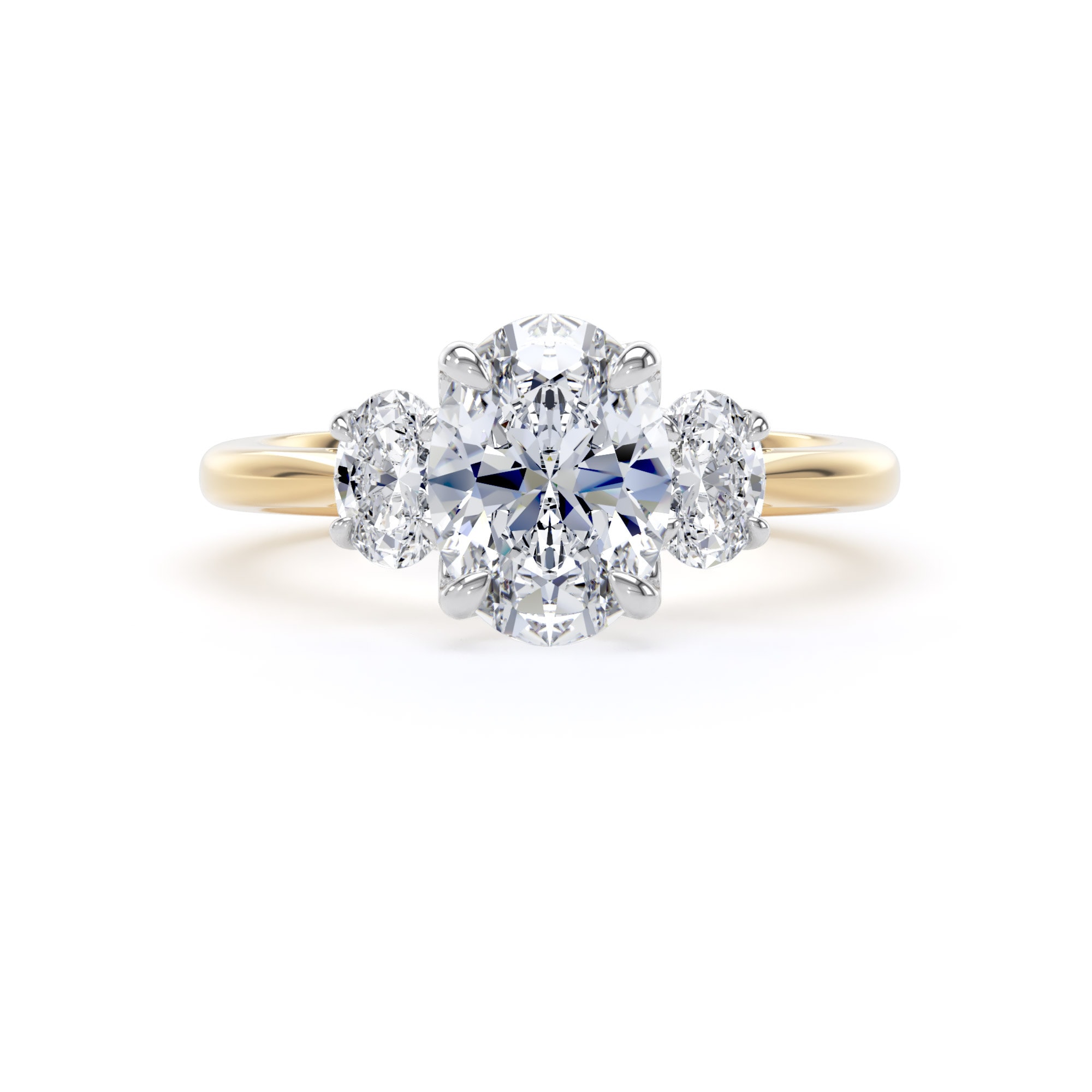 Goldsmiths 18ct Yellow Gold and Platinum 2.00cttw Oval Cut Lab Grown Diamond 3 Stone Engagement Ring Goldsmiths 18ct Yellow Gold and Platinum 2.00cttw Oval Cut Lab Grown Diamond 3 Stone Engagement Ring