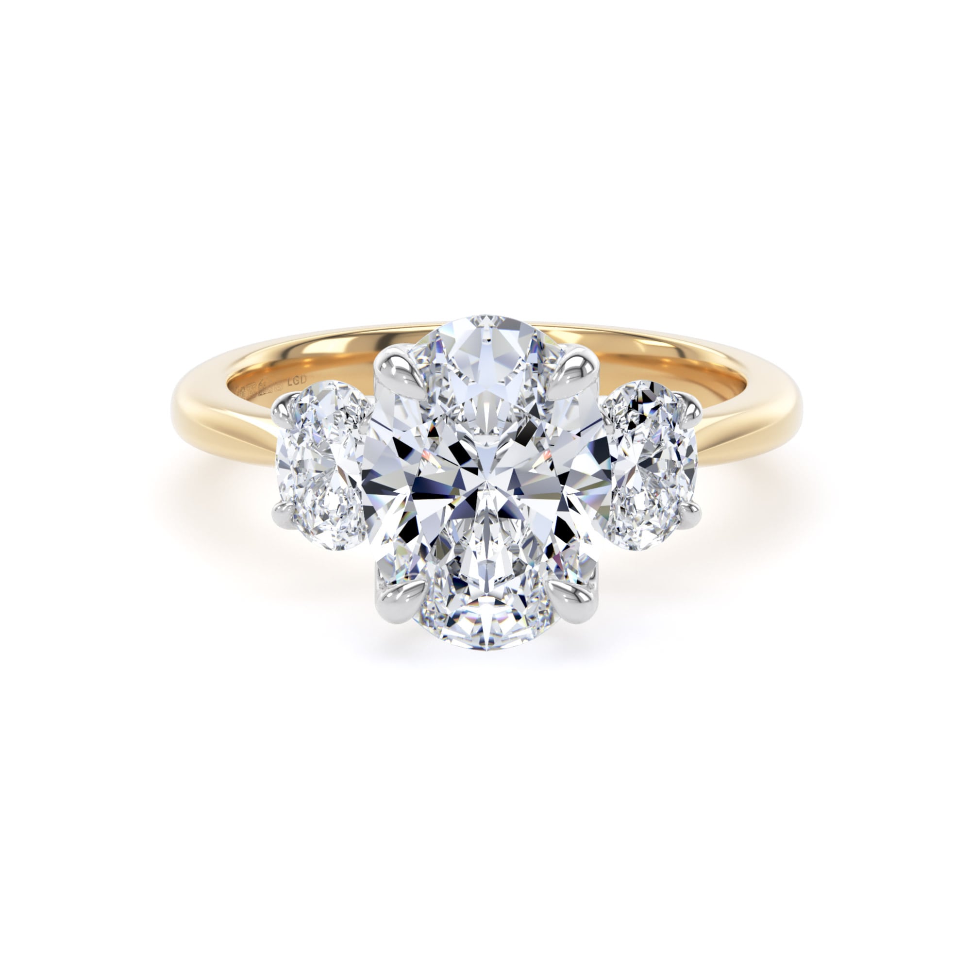 Goldsmiths 18ct Yellow Gold and Platinum 2.60cttw Oval Cut Lab Grown Diamond 3 Stone Engagement Ring Goldsmiths 18ct Yellow Gold and Platinum 2.60cttw Oval Cut Lab Grown Diamond 3 Stone Engagement Ring
