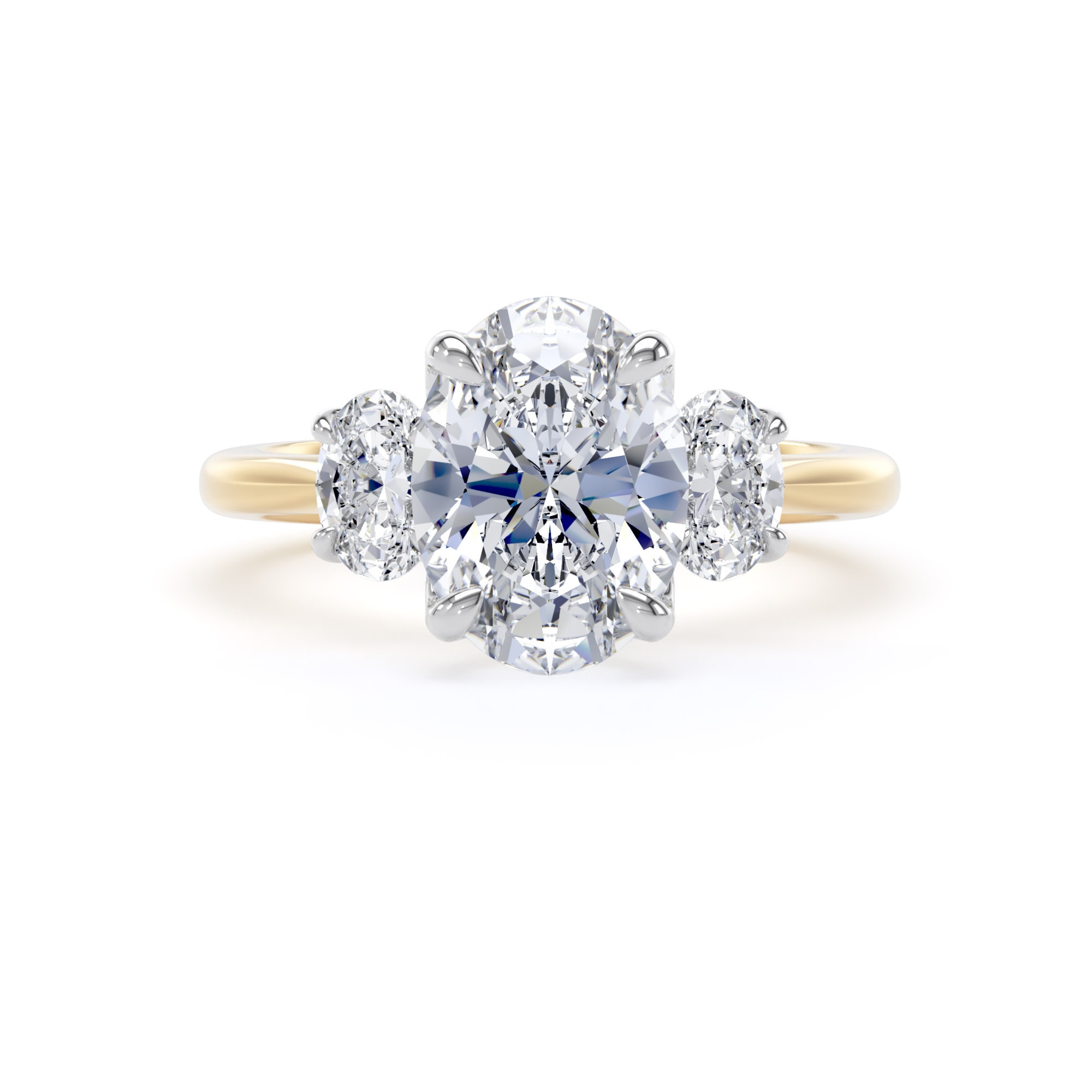 Goldsmiths 18ct Yellow Gold and Platinum 2.60cttw Oval Cut Lab Grown Diamond 3 Stone Engagement Ring Goldsmiths 18ct Yellow Gold and Platinum 2.60cttw Oval Cut Lab Grown Diamond 3 Stone Engagement Ring