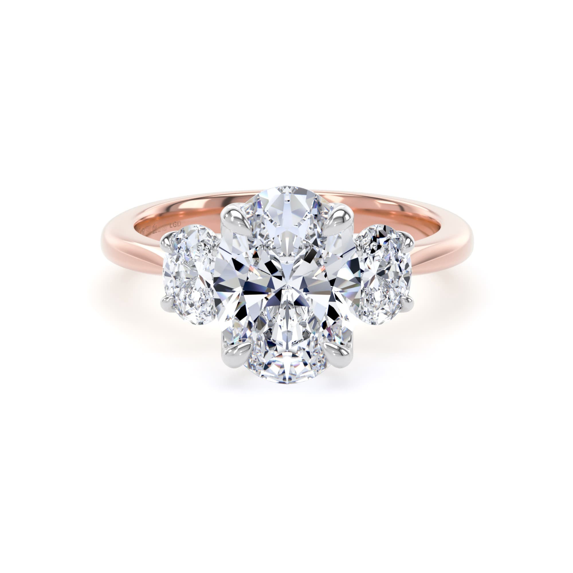 18ct Rose Gold and Platinum 2.60cttw Oval Cut Lab Grown Diamond 3 Stone Engagement Ring