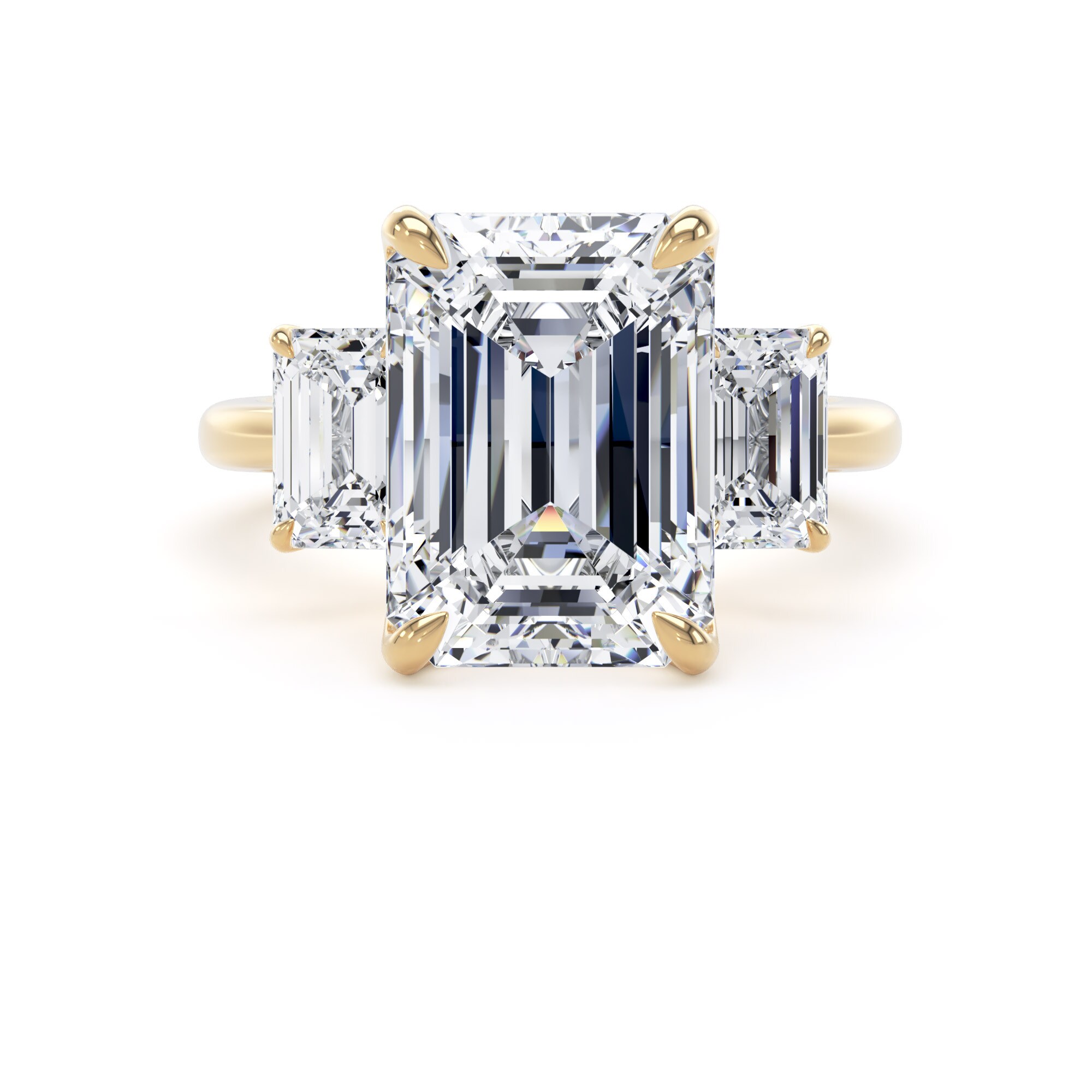 Goldsmiths 18ct Yellow Gold 6.60cttw Emerald Cut Lab Grown Diamond 3 Stone Engagement Ring - Ring Size F Goldsmiths 18ct Yellow Gold 6.60cttw Emerald Cut Lab Grown Diamond 3 Stone Engagement Ring - Ring Size F