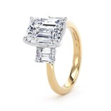 Goldsmiths 18ct Yellow Gold and Platinum 4.00cttw Emerald Cut Lab Grown Diamond 3 Stone Engagement Ring - Ring Size F