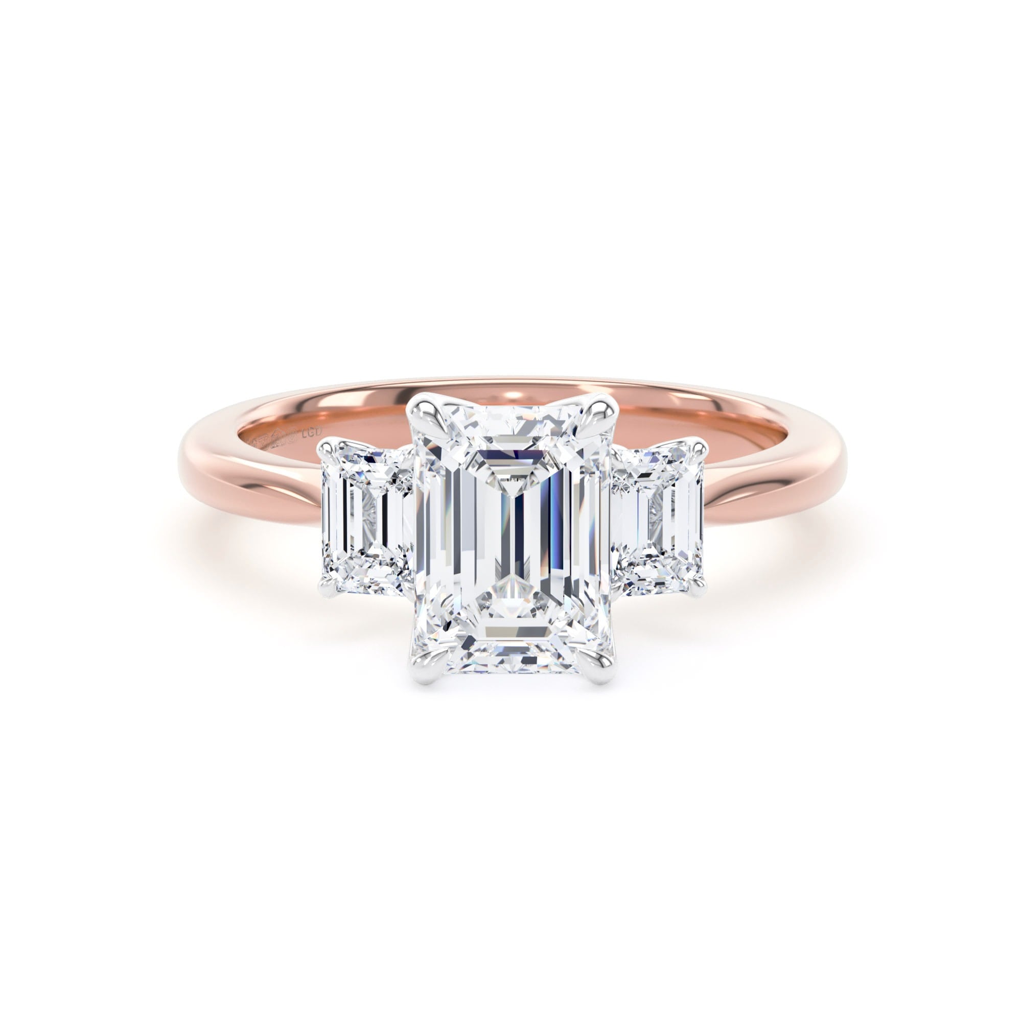 18ct Rose Gold and Platinum 2.00cttw Emerald Cut Lab Grown Diamond 3 Stone Engagement Ring