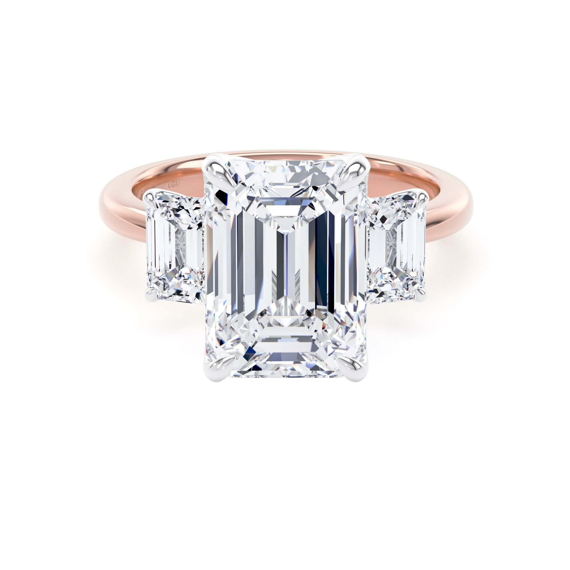 18ct Rose Gold and Platinum 5.20cttw Emerald Cut Lab Grown Diamond 3 Stone Engagement Ring