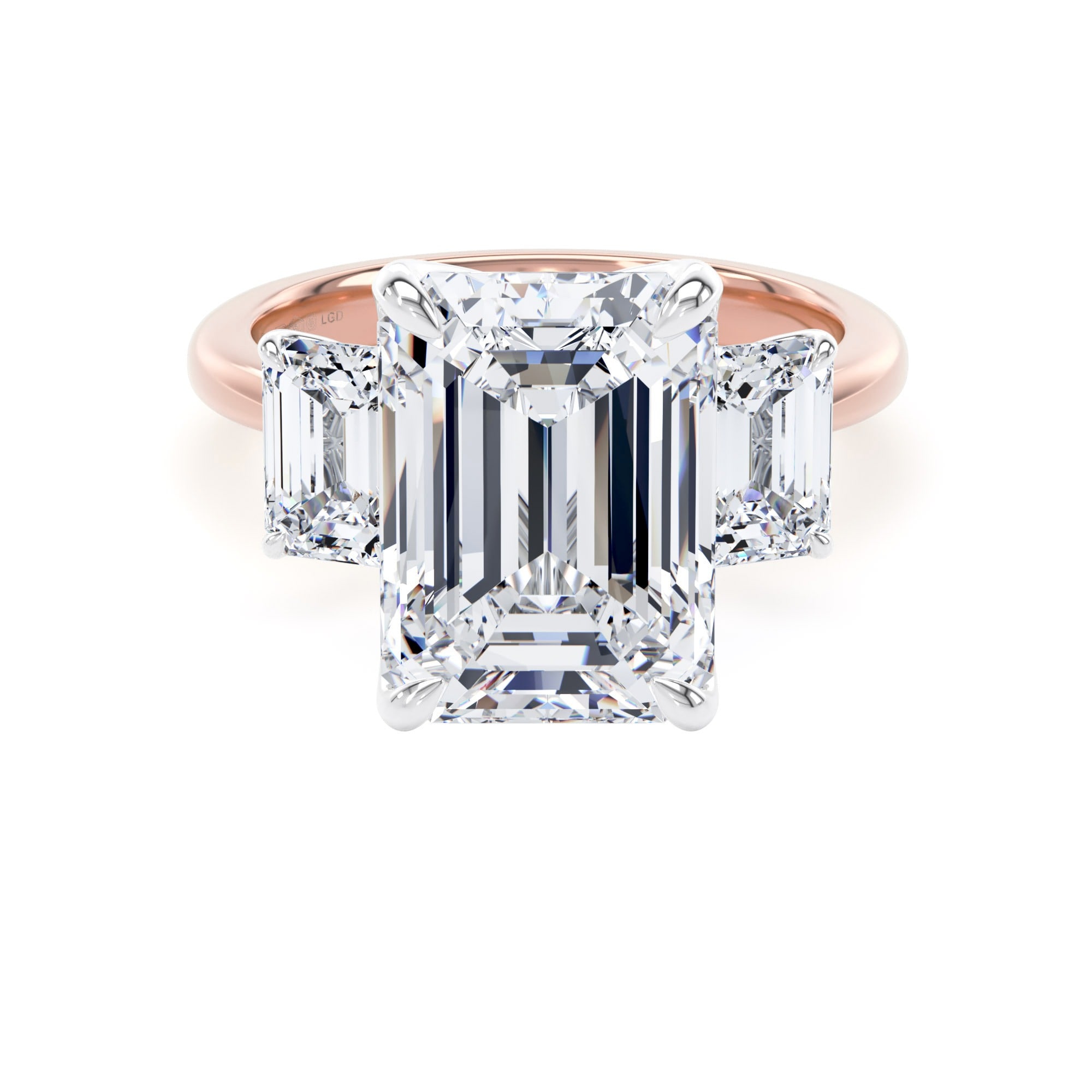 18ct Rose Gold and Platinum 6.60cttw Emerald Cut Lab Grown Diamond 3 Stone Engagement Ring