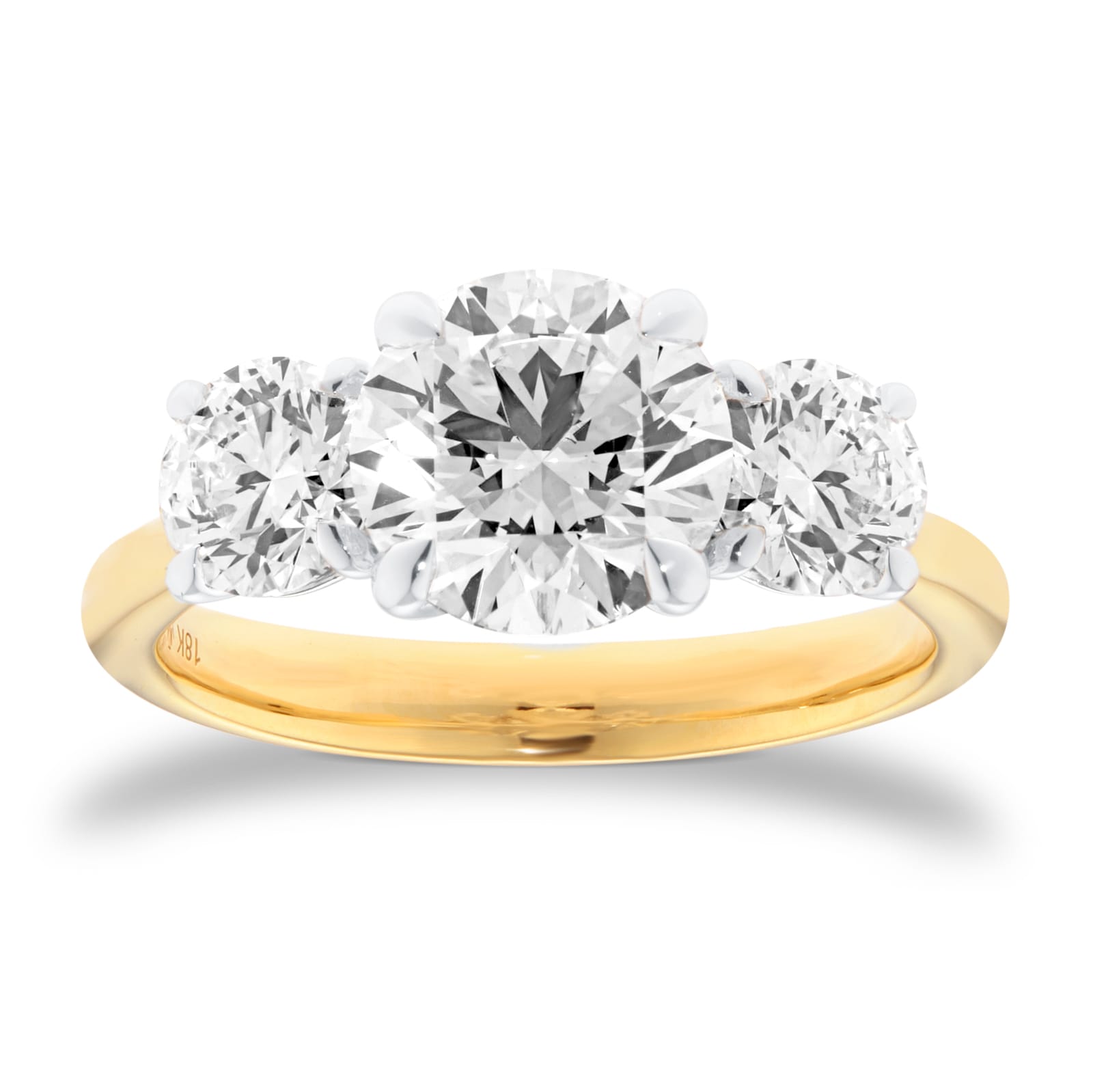 Mappin & Webb 18ct Yellow Gold 3.00cttw Round Brilliant Cut Lab Grown Diamond Three Stone Engagement Ring