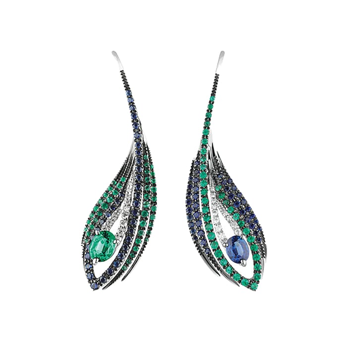 Damiani Diamond Sapphire and Emerald Peacock Drop Earrings