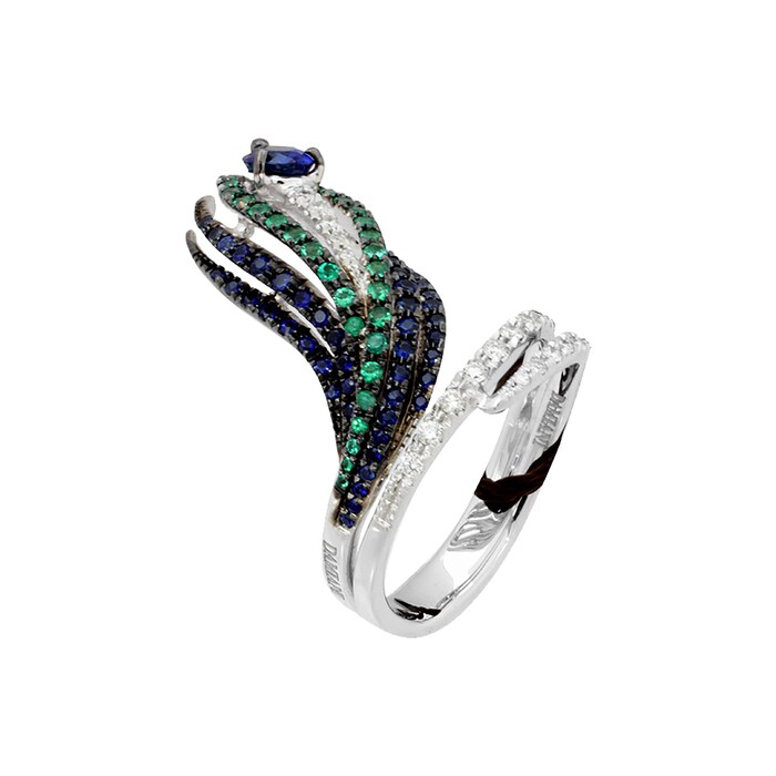 Damiani 18ct White Gold 0.19cttw Diamond Sapphire and Emerald Peacock Ring - Ring Size M.5