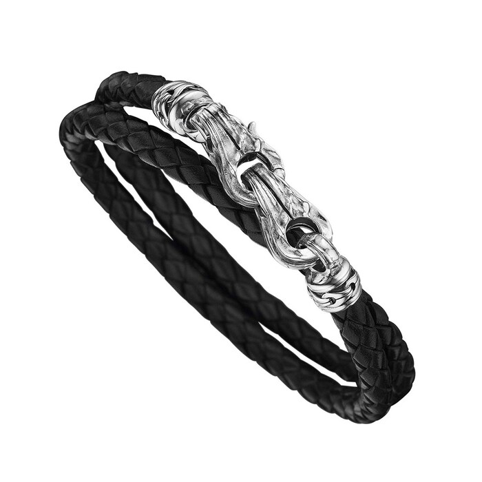 Di Modolo Silver & Black Leather Mens Double Bracelet