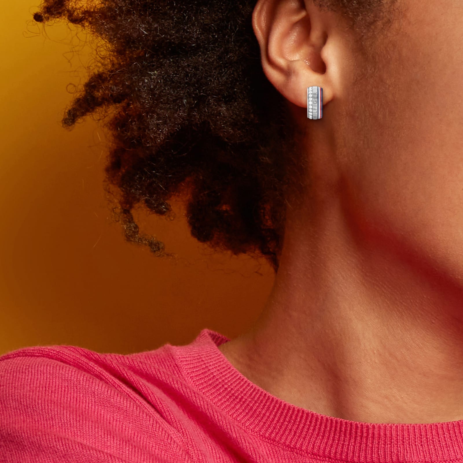 Tommy Hilfiger Stainless Steel Mesh Charm Crystal Hoop Earrings