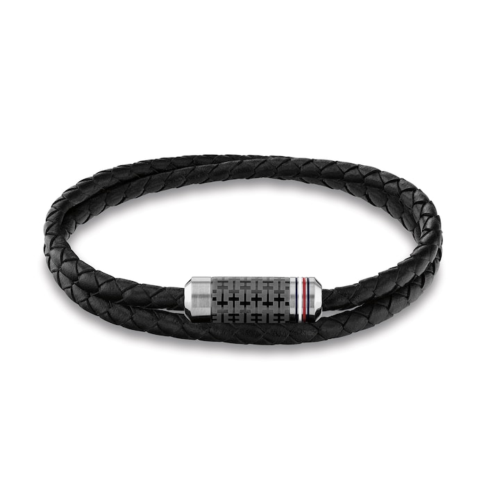 Tommy Hilfiger Stainless Steel Gents Black Leather Wrap Bracelet