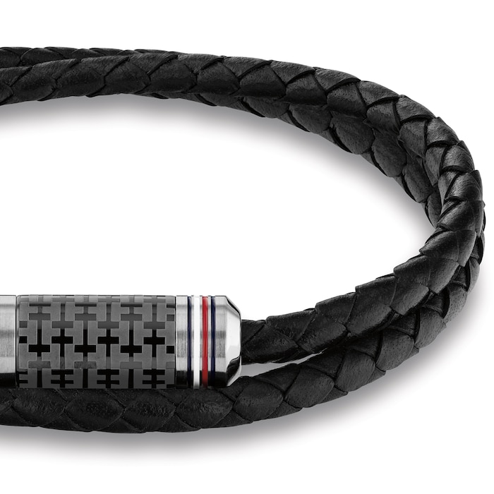 Tommy Hilfiger Stainless Steel Gents Black Leather Wrap Bracelet