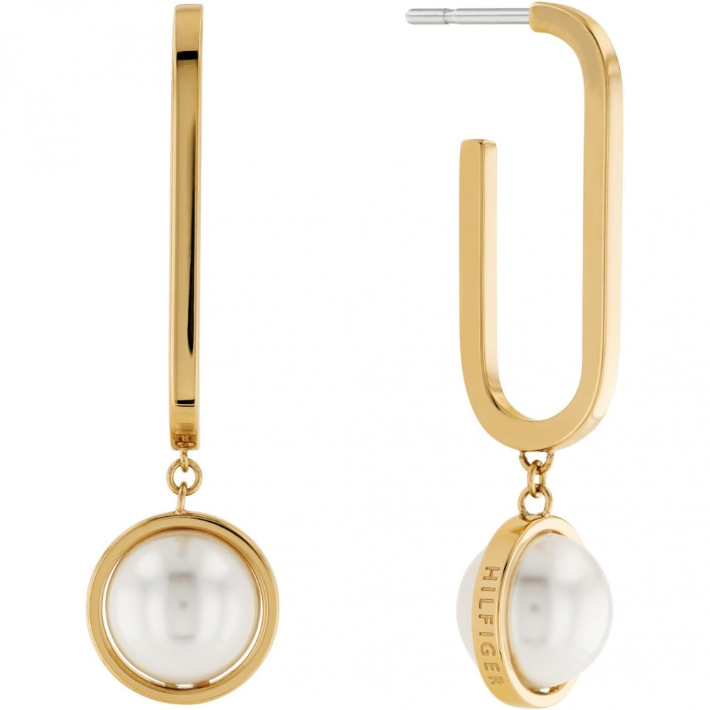 Tommy Hilfiger Ladies Yellow Gold Coloured Pearl Drop Earrings Tommy Hilfiger Ladies Yellow Gold Coloured Pearl Drop Earrings