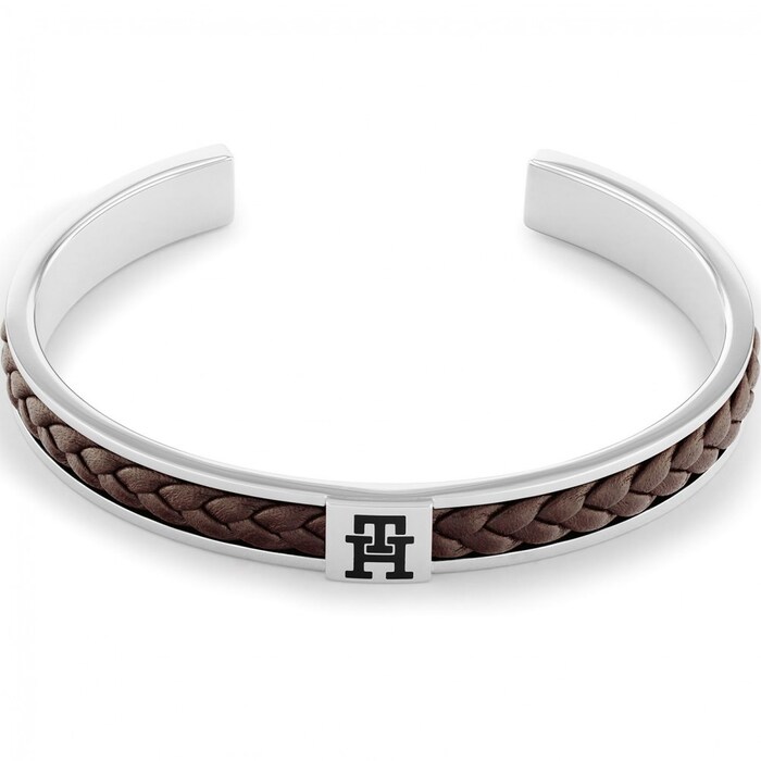 Tommy Hilfiger Mens Stainless Steel & Brown Leather Braided Bracelet
