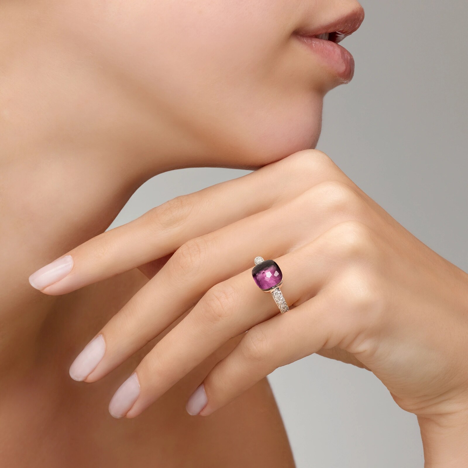 Pomellato 18K Rose & White Gold Nudo Petit Diamond & Amethyst Ring